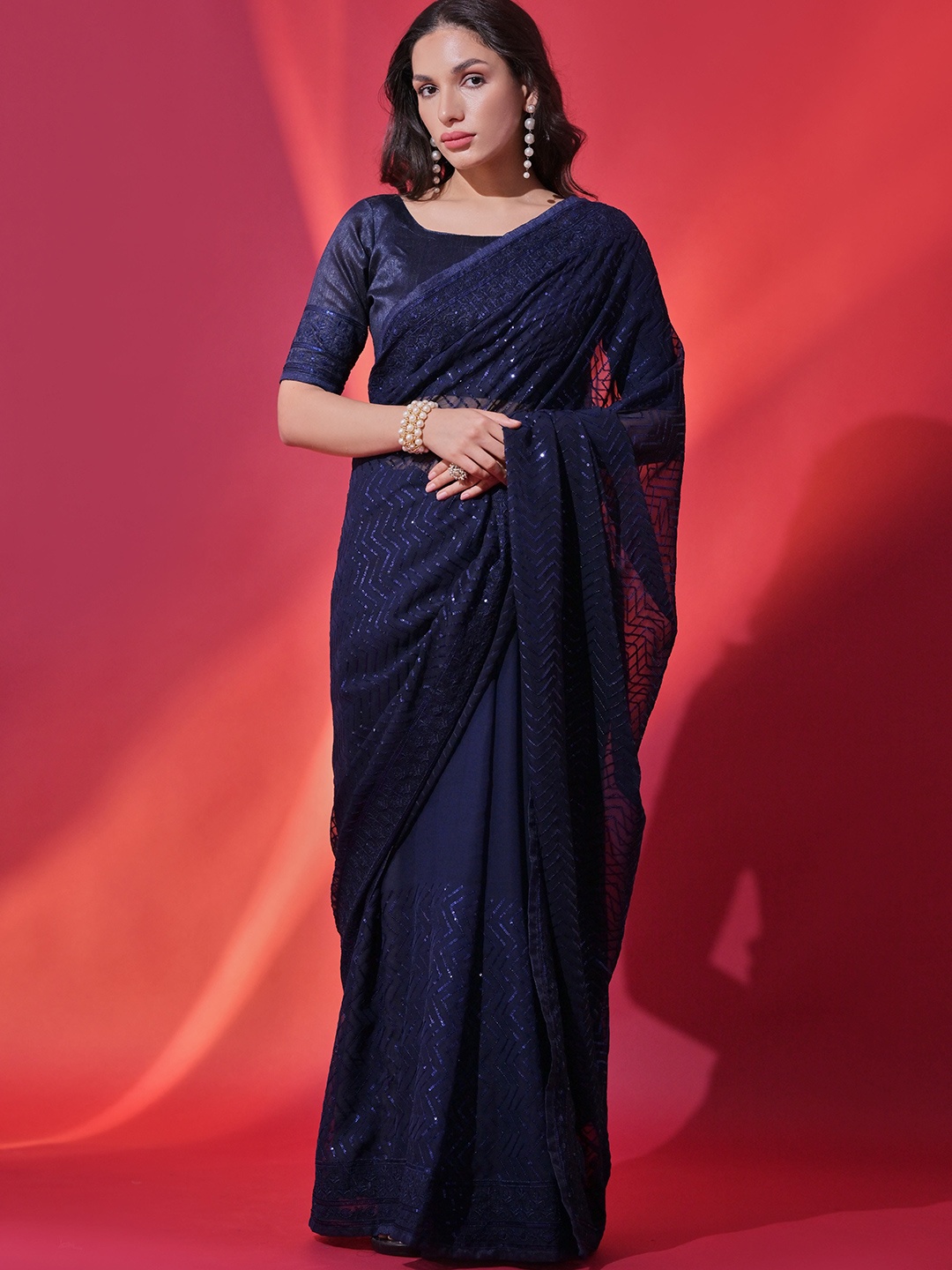 

Krimmple Striped Sequinned Pure Georgette Saree, Blue