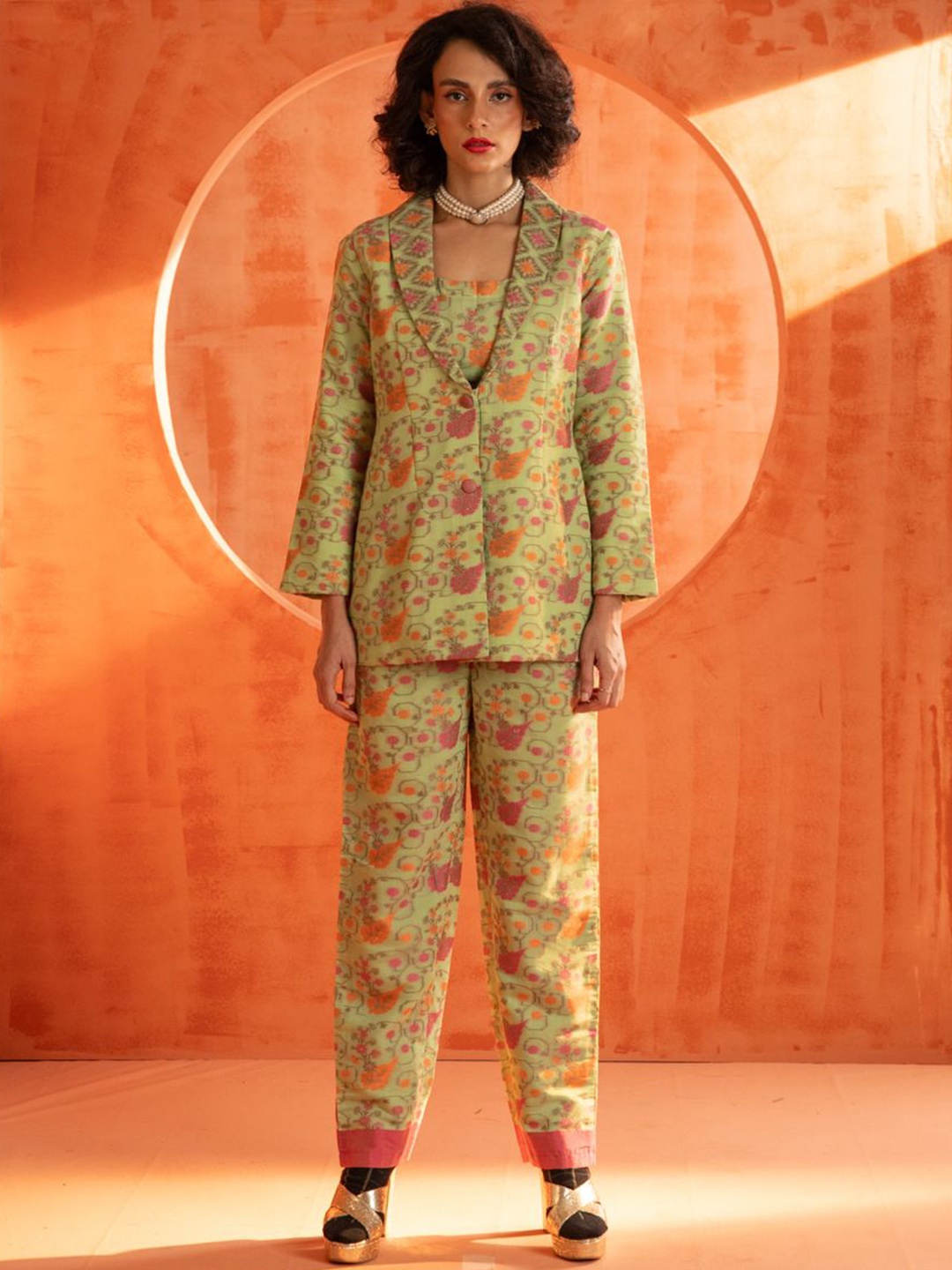 

Indethnic Floral Printed Top With Jacket & Trousers, Green