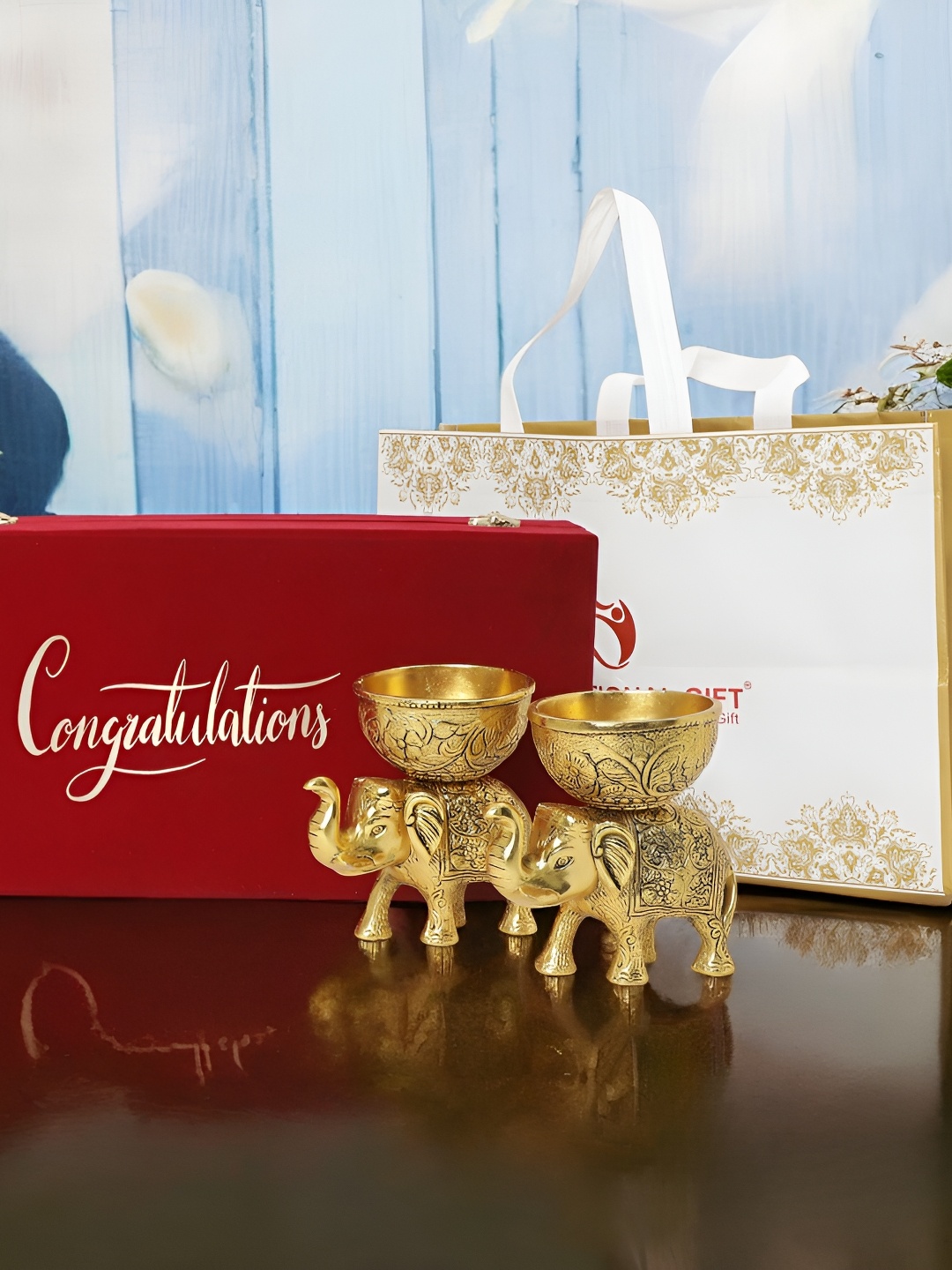 

INTERNATIONAL GIFT Gold Toned Elephant Bowl with Velvet Box Home Gift Set