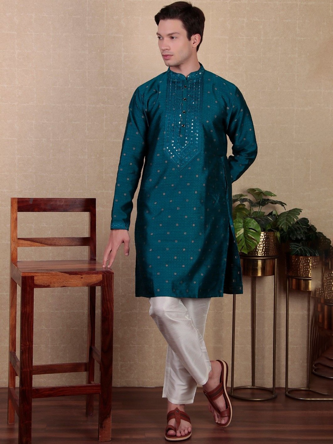 

Cult Indie Woven Design Mirror Work Jacquard Art Silk Straight Kurta, Teal