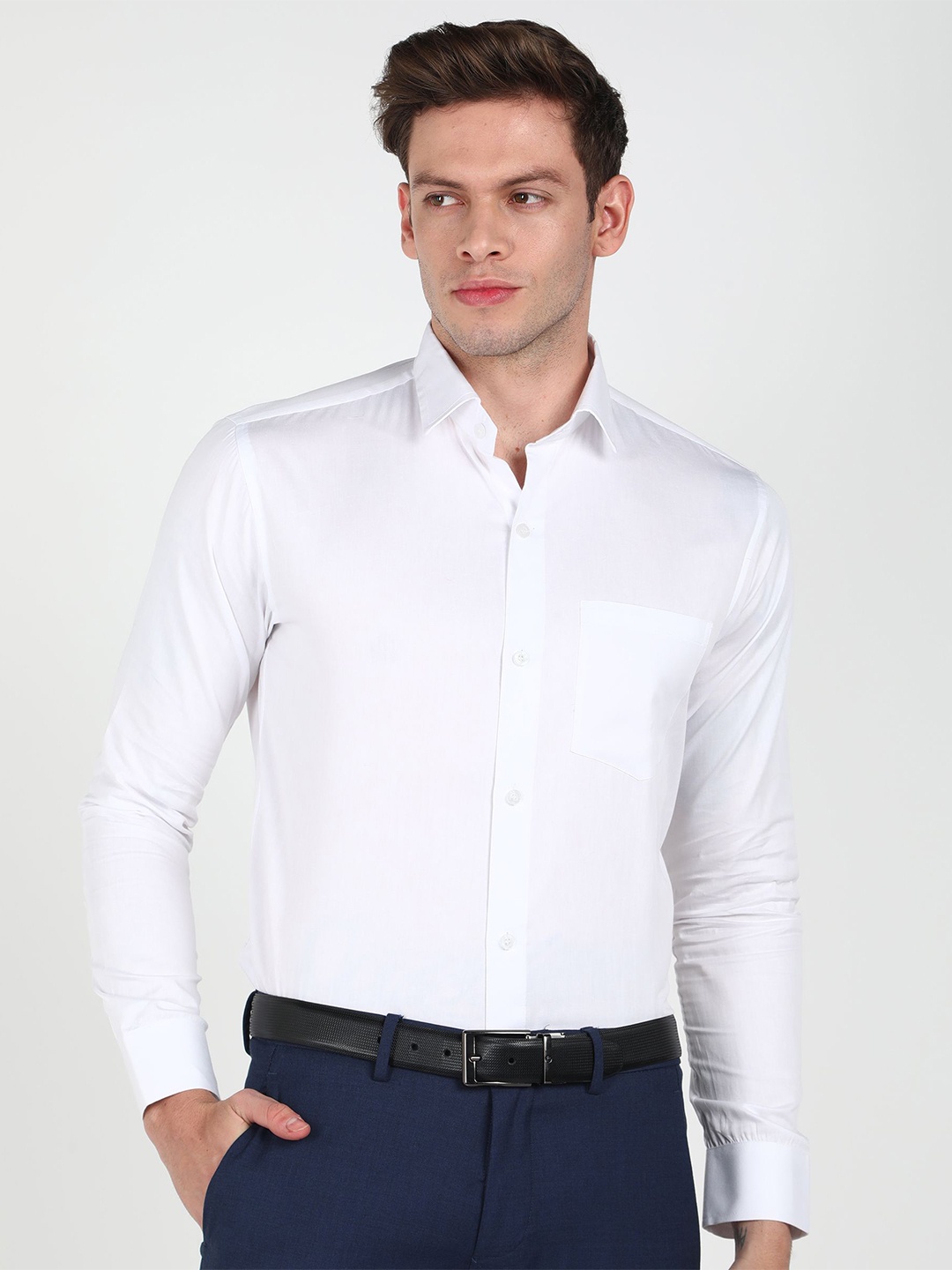 

BRUTTLYN Men Classic Slim Fit Spread Collar Solid Cotton Casual Shirt, White