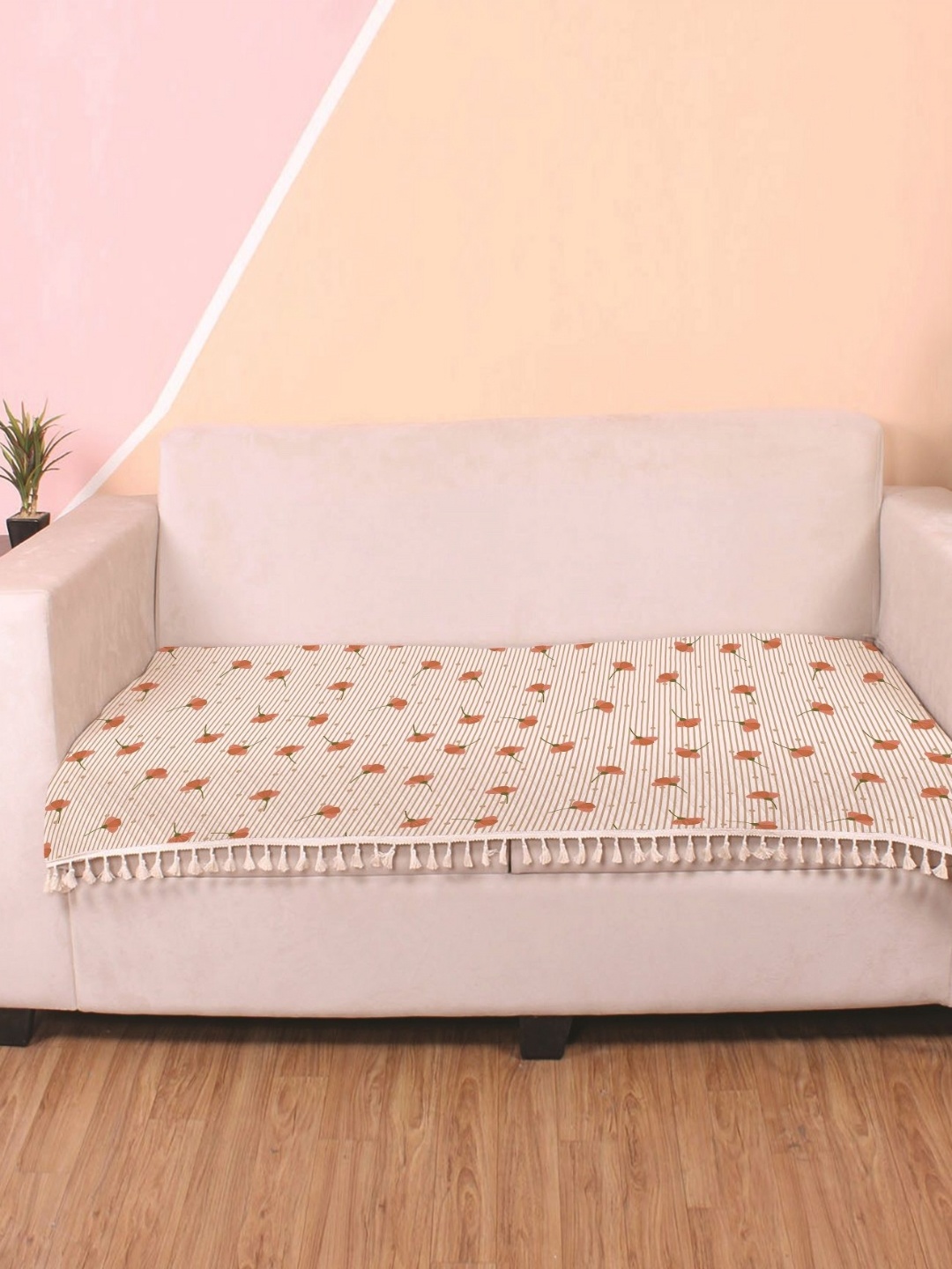 

STITCHNEST Orange & White Floral Printed Velvet 2 Seater Anti Slip Sofa Cover
