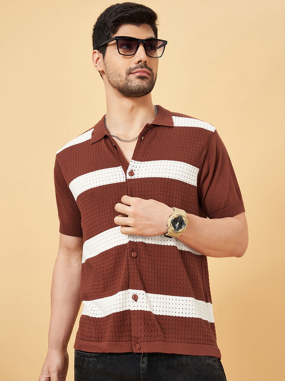 

People Men Cotton Slim Fit Opaque Striped Casual Shirt, Brown