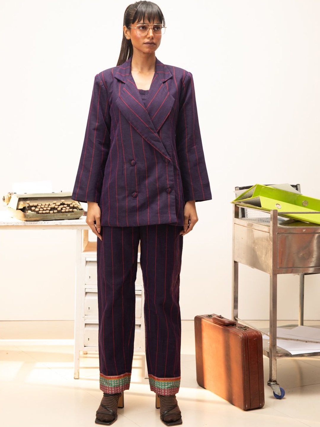 

Indethnic Striped Pure Cotton Top & Trousers With Coat, Purple