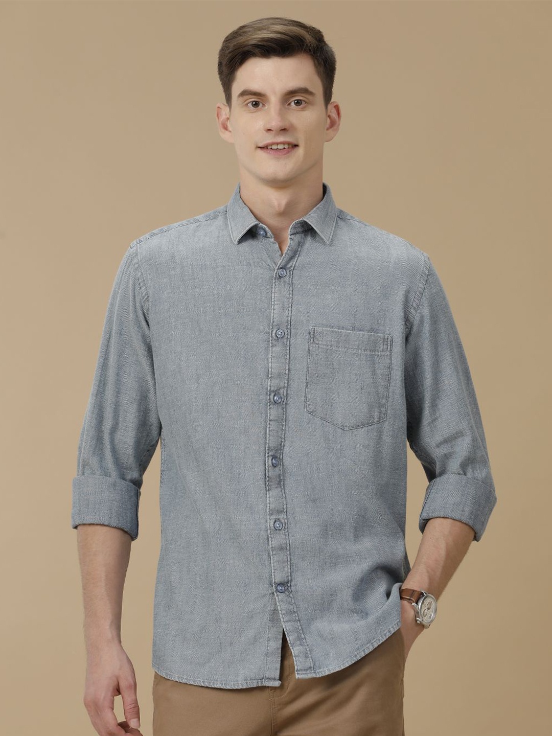 

CAVALLO by Linen Club Men Contemporary Solid Slim Fit Casual Shirt, Blue