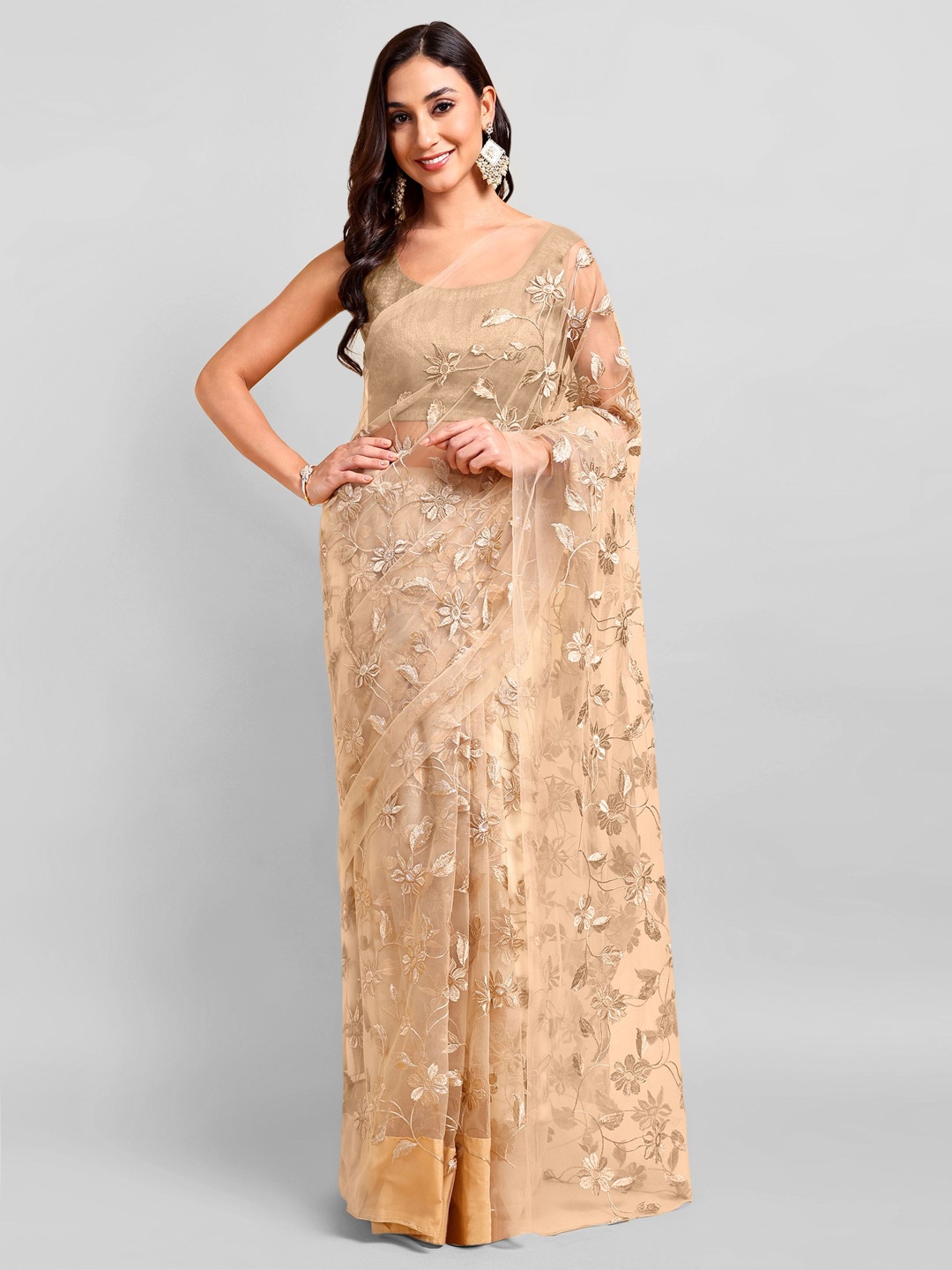 

DOERAA Ethnic Motifs Embroidered Net Saree, Beige