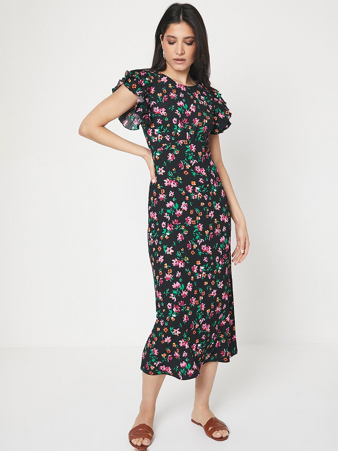 

DOROTHY PERKINS Floral Print Textured A-Line Dress, Black