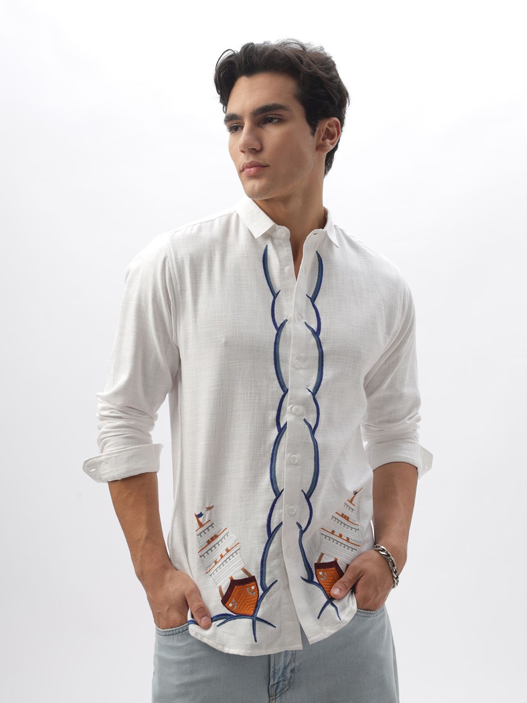 

HAMPTONS Sailing Ship Embroidered Cotton Casual Shirt, White