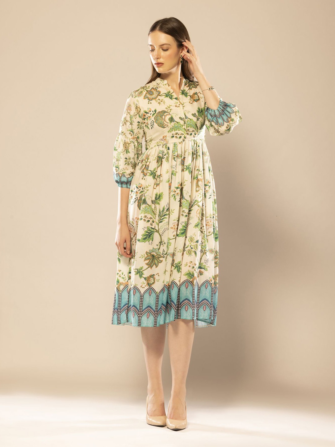 

OCTICS Women Floral Printed Puff Sleeve Fit & Flare Maxi Dress, Green