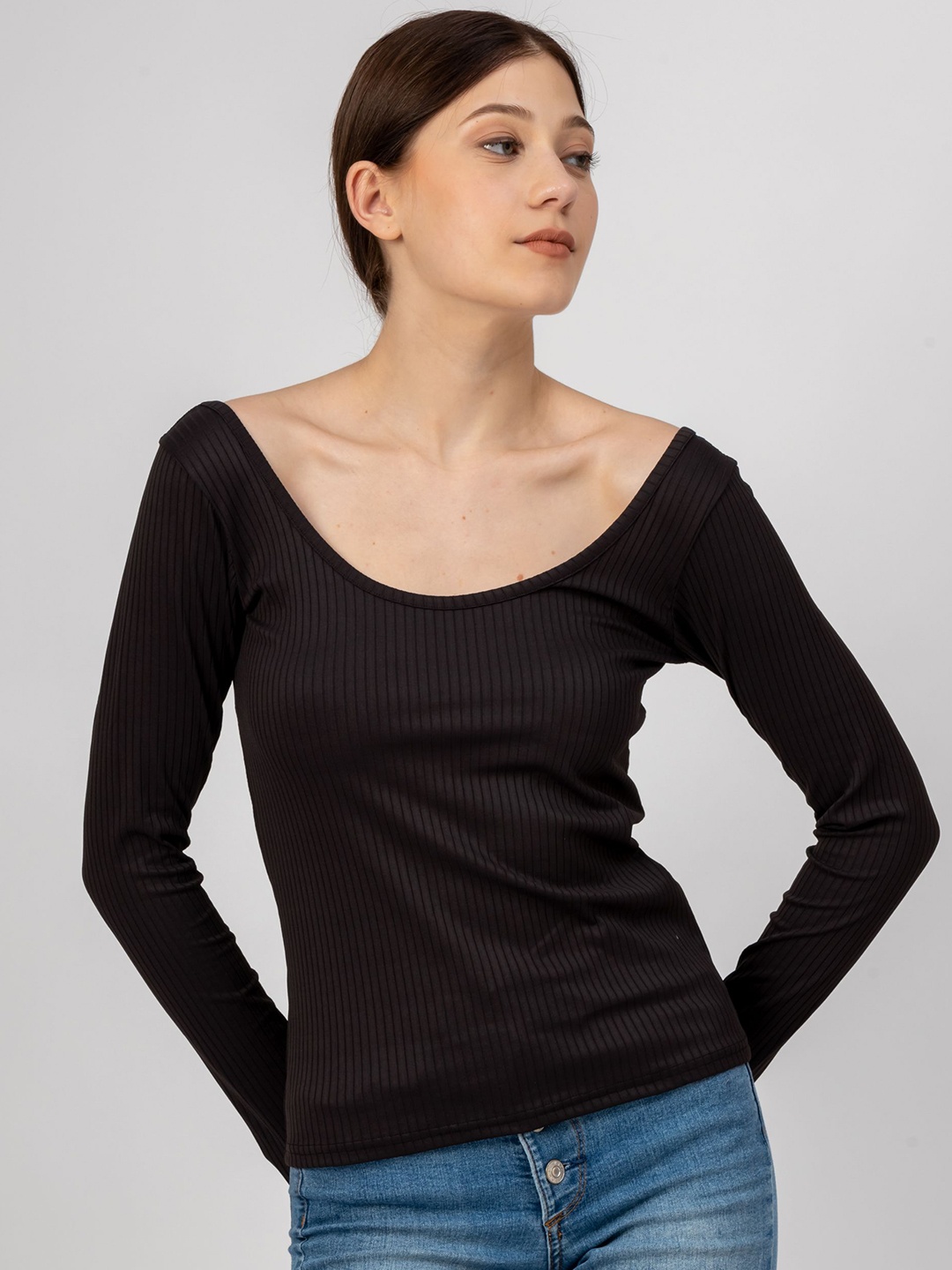 

Redamancii Women Vertical Stripes Scoop Neck Full Sleeves Top, Black