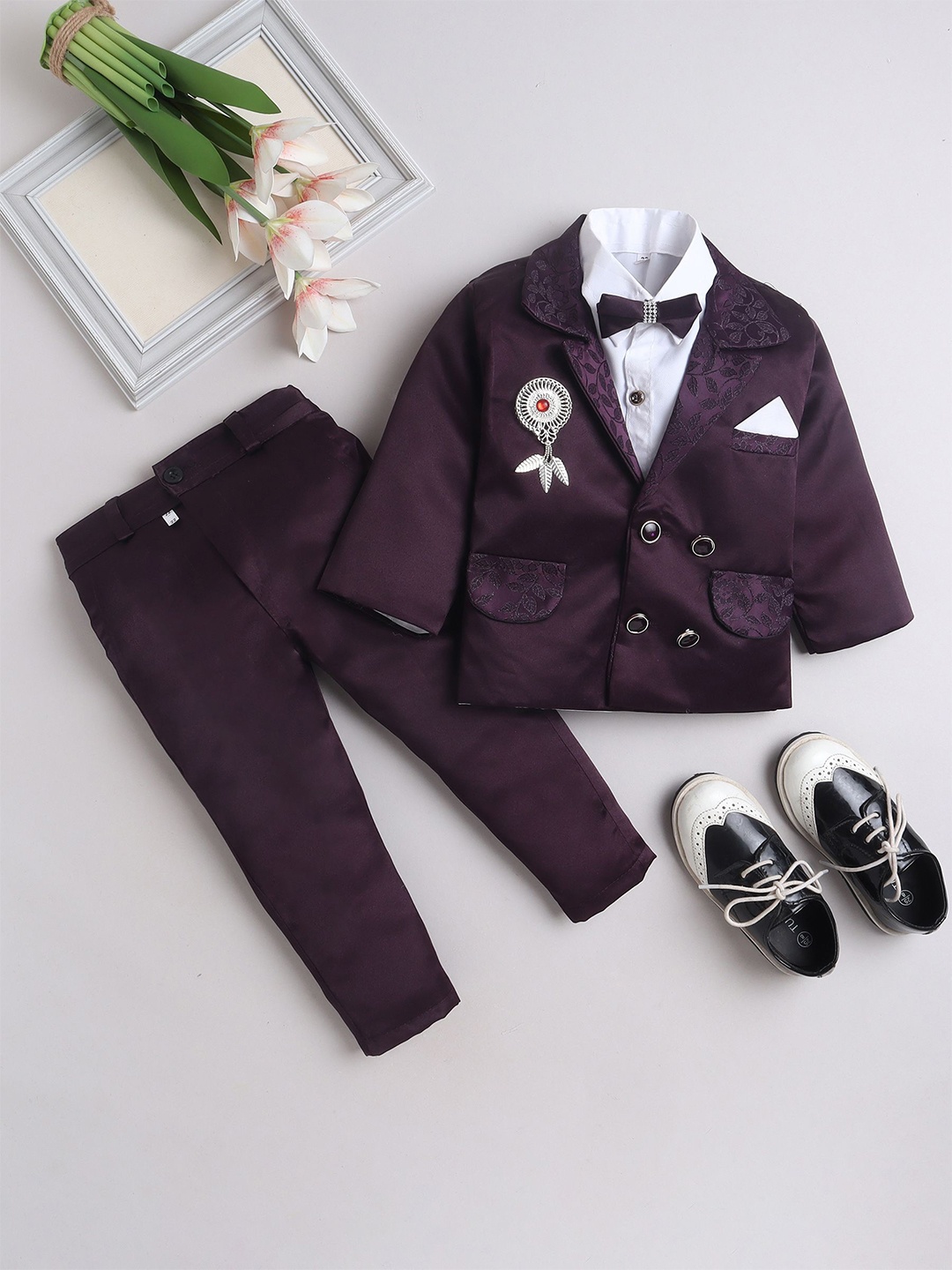 

FOURFOLDS Boys Single-Breasted Blazer with Trouser & Shirt Set, Purple
