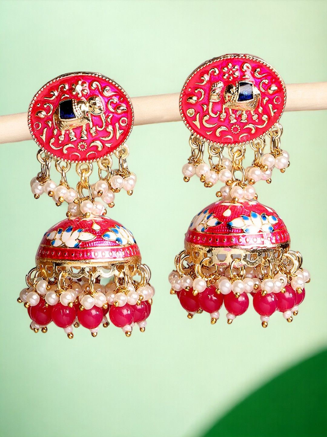 

OOMPH Metal Artificial Stones and Beads Meenakari Animal Shaped Jhumkas Earrings, Pink