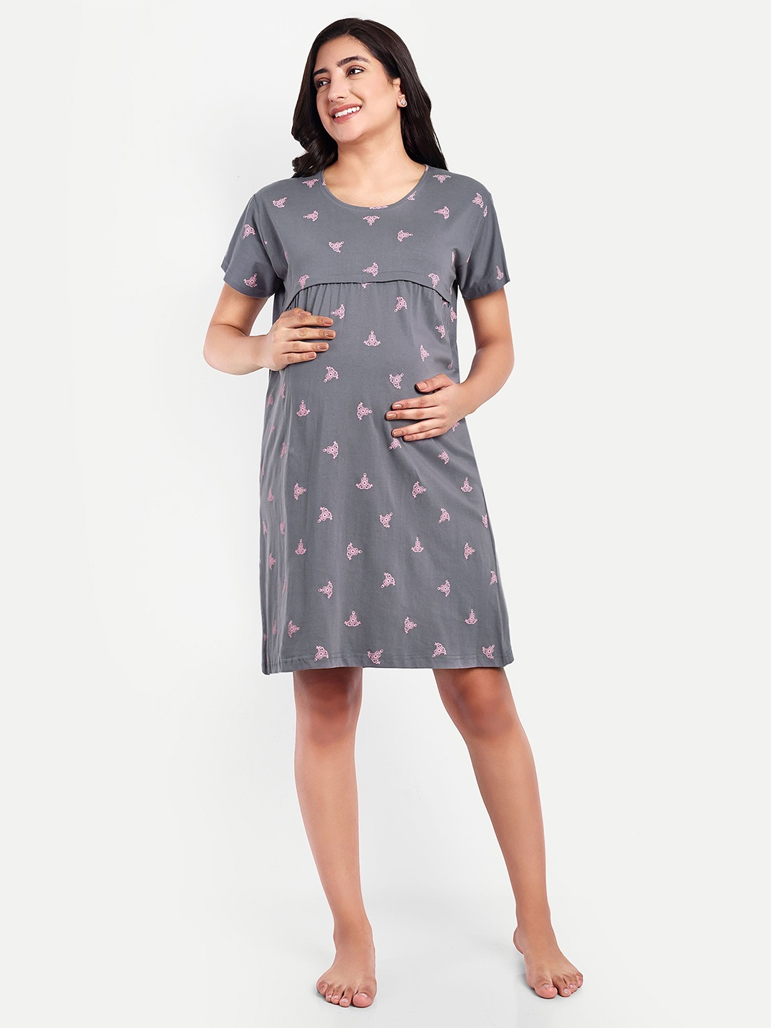 

THE MAMA KLUB Women Printed Nightdress, Grey