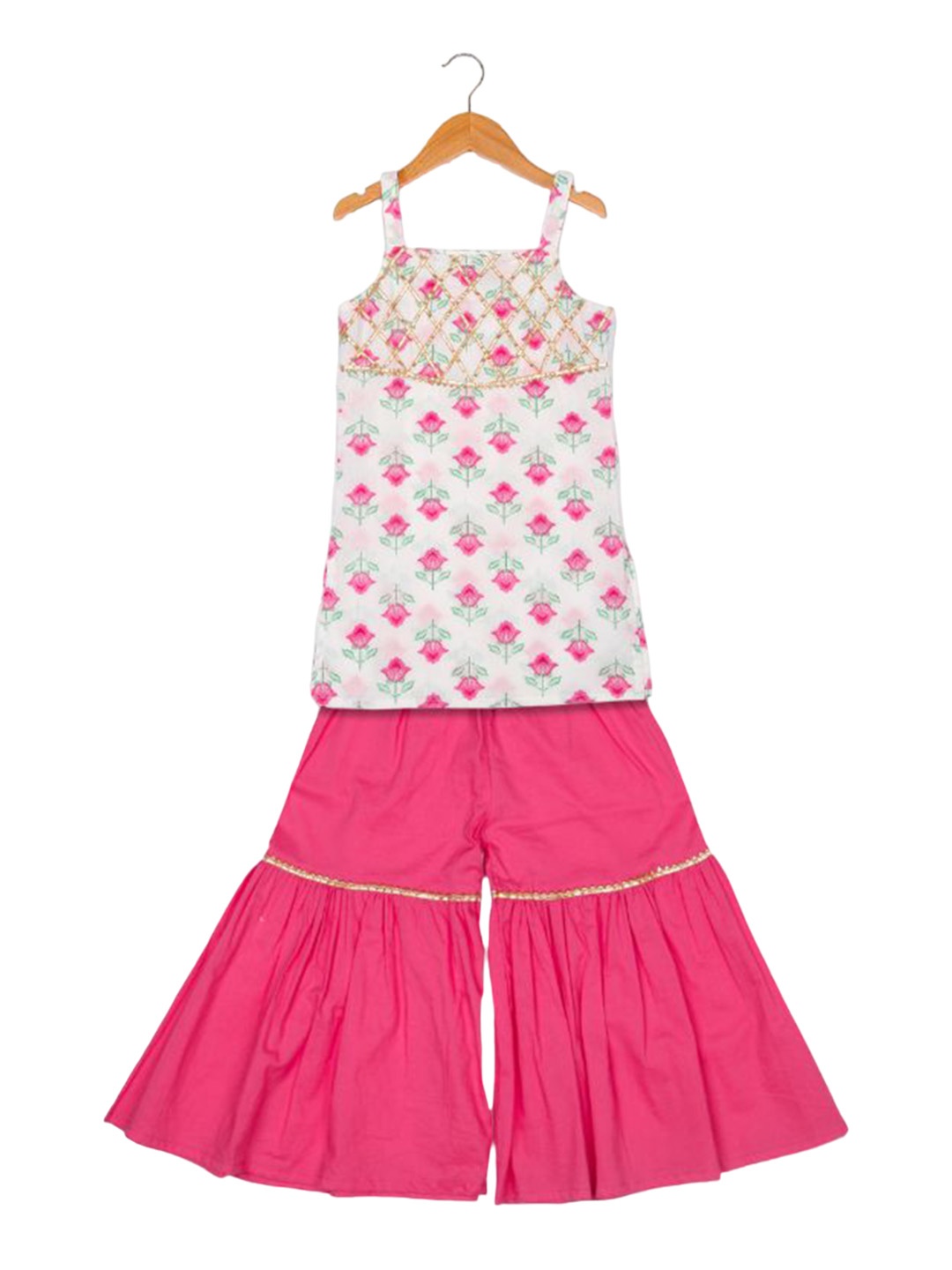 

AATYA KIIDS Girls Floral Printed Gotta Patti Pure Cotton Straight Kurti with Sharara, Pink