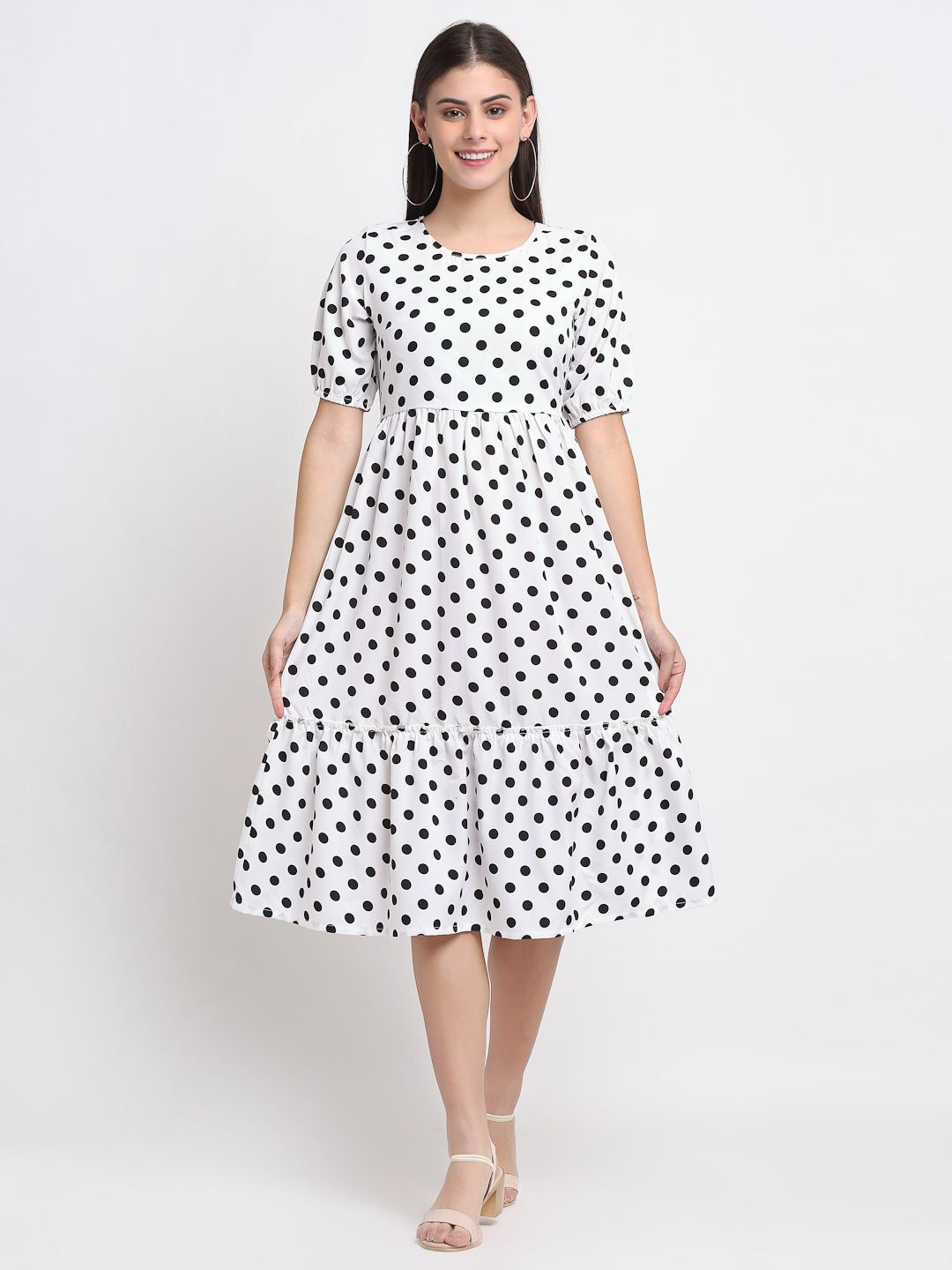 

BRINNS Women Polka Dot Print Puff Sleeve Fit & Flare Midi Dress, White