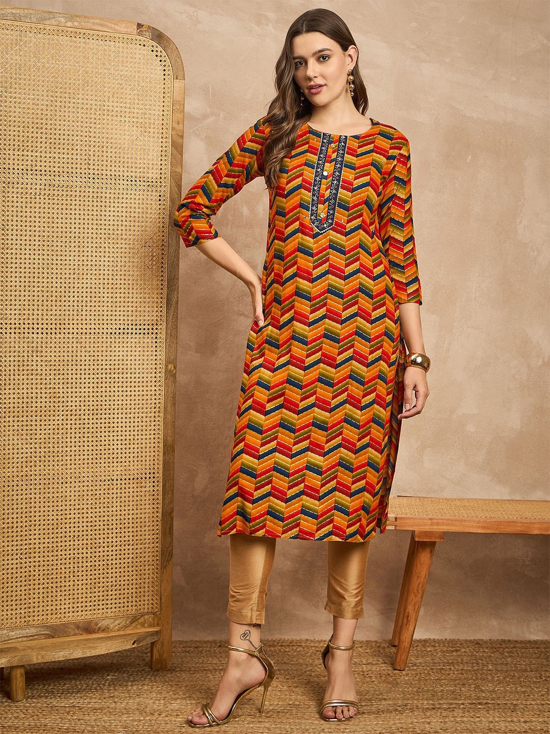 

all about you Women Printed Straight Kurta, Orange