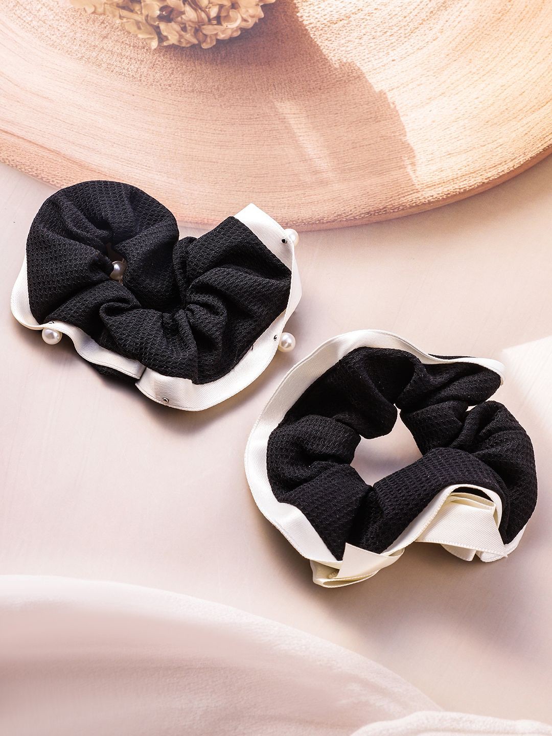 

Rubans Set of 2 Black Scrunchies with White Bow Ribbon and Pearl Accents