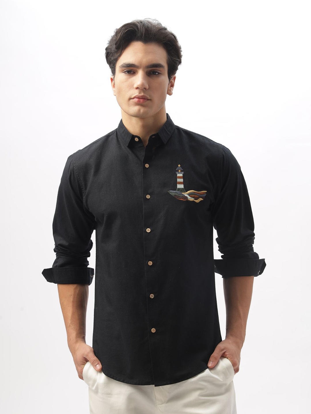 

HAMPTONS Men Embroidered Opaque Casual Shirt, Black