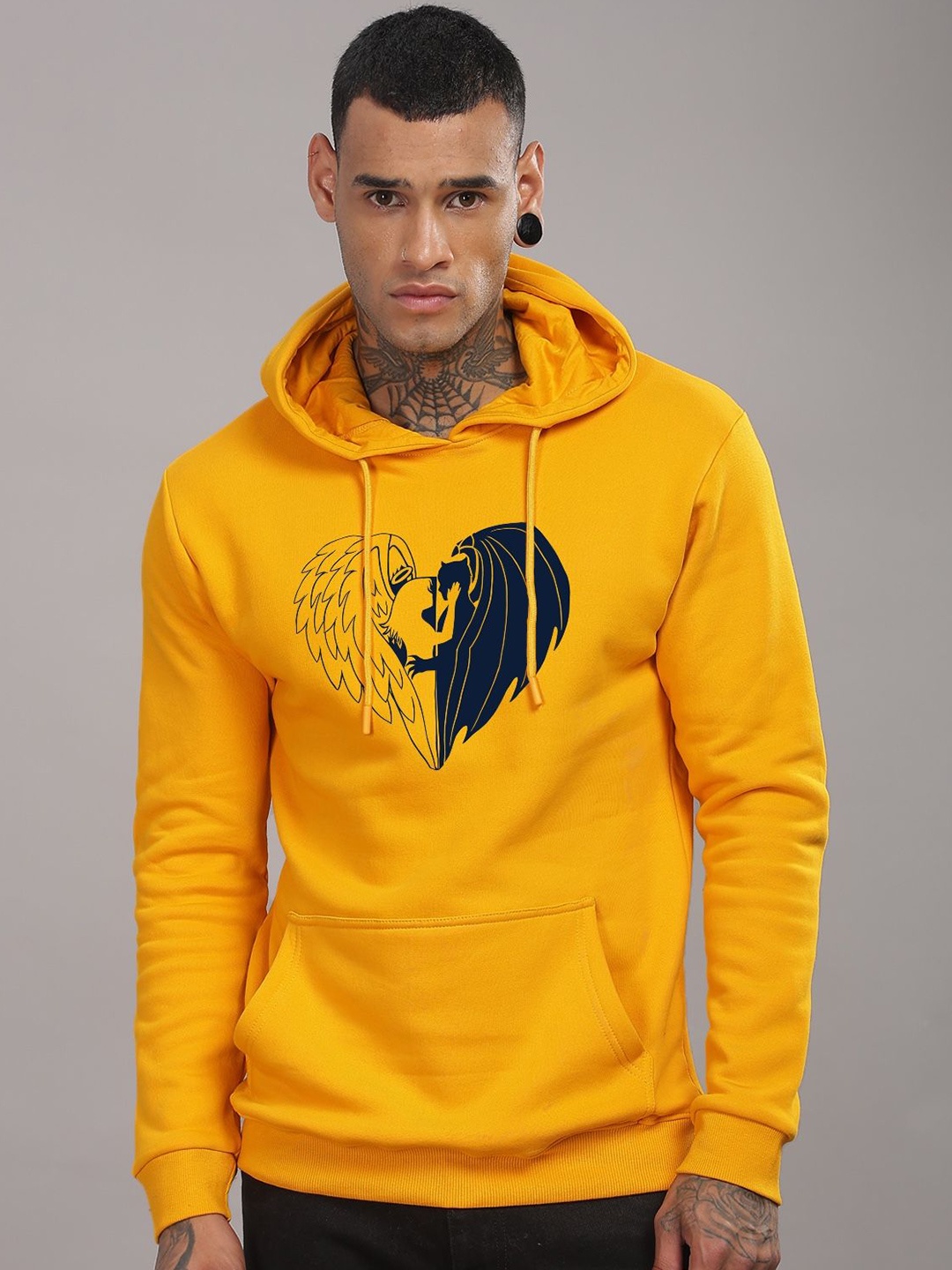 

ADRO Men Cotton Printed Hooded Pullover Casual Sweatshirt, Mustard