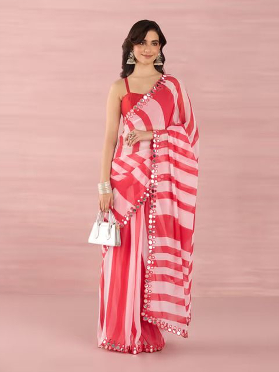 

Krimmple Striped Mirror Work Pure Georgette Saree, Pink