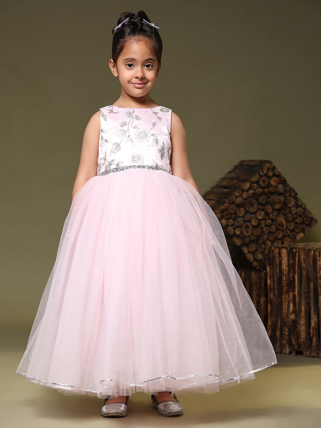 

Toy Balloon kids Girls Floral Self Design Net Fit & Flare Maxi Dress, Pink