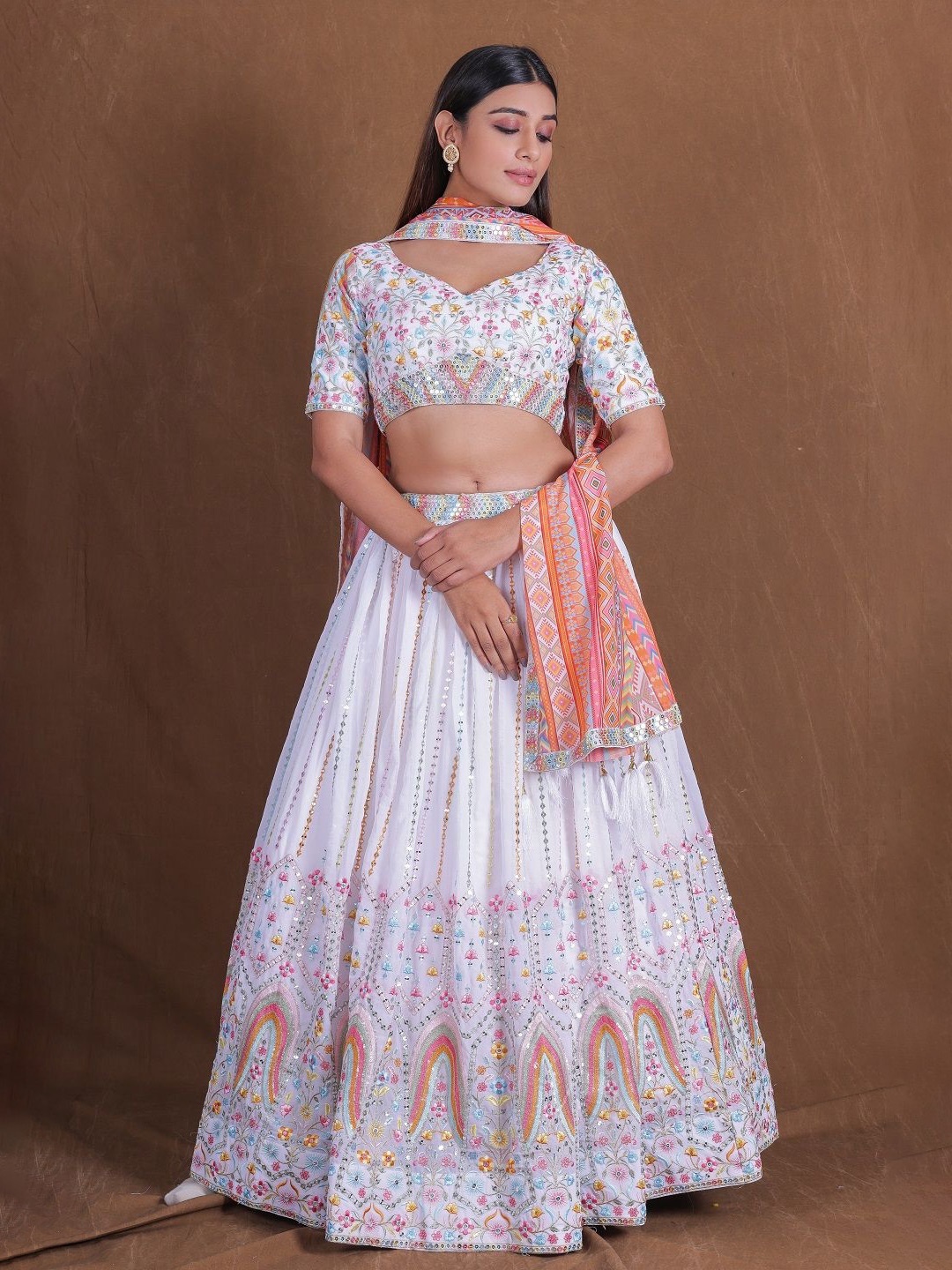 

JIHU CULTURE Embellished Sequinned Semi-Stitched Lehenga & Unstitched Blouse With Dupatta, White