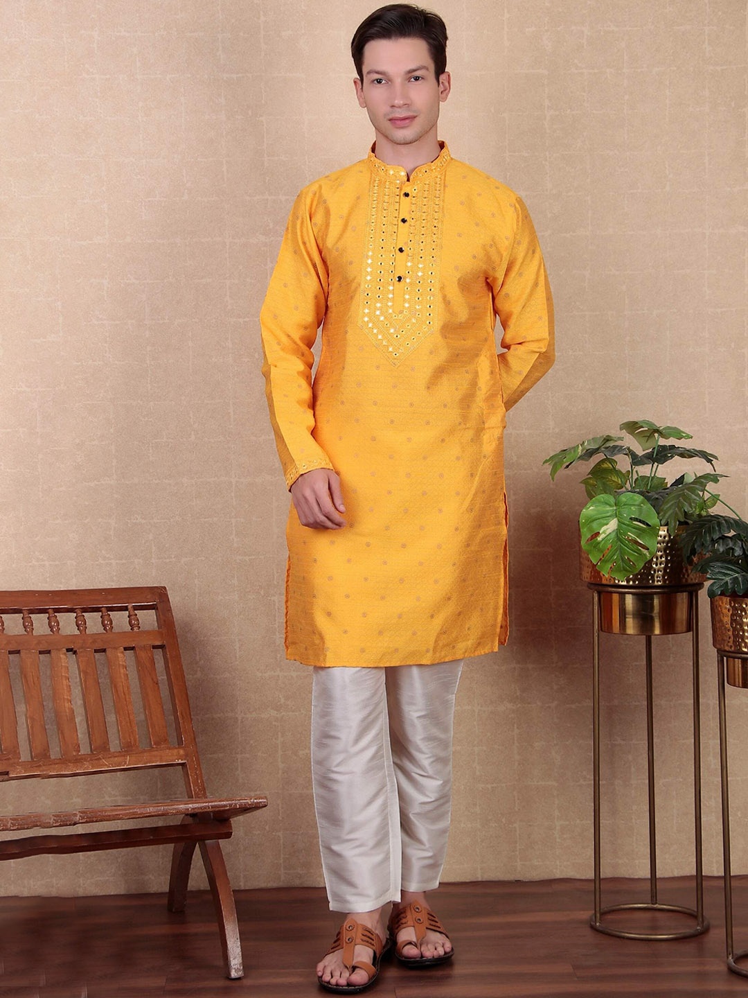 

Cult Indie Woven Design Mirror Work Jacquard Art Silk Straight Kurta, Yellow
