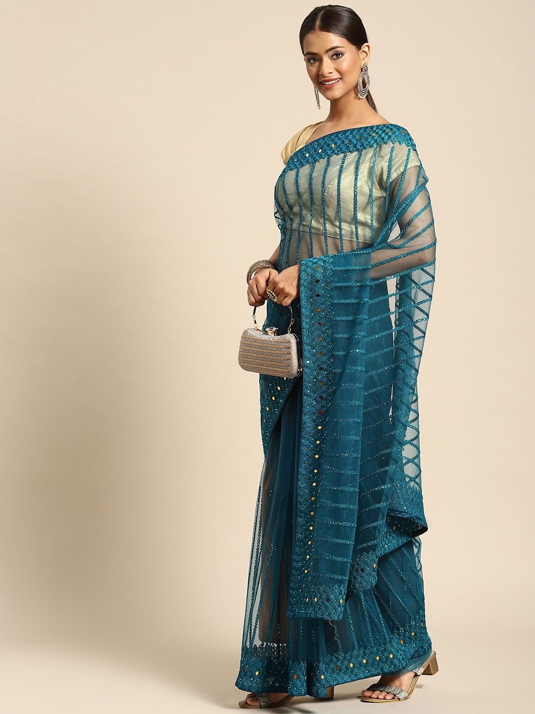 

Anouk Striped Beads and Stones Net Saree, Teal