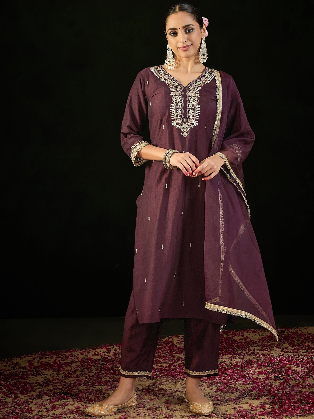 

Indo Era Ethnic Motifs Embroidered Straight Kurta With Trousers & Dupatta, Burgundy
