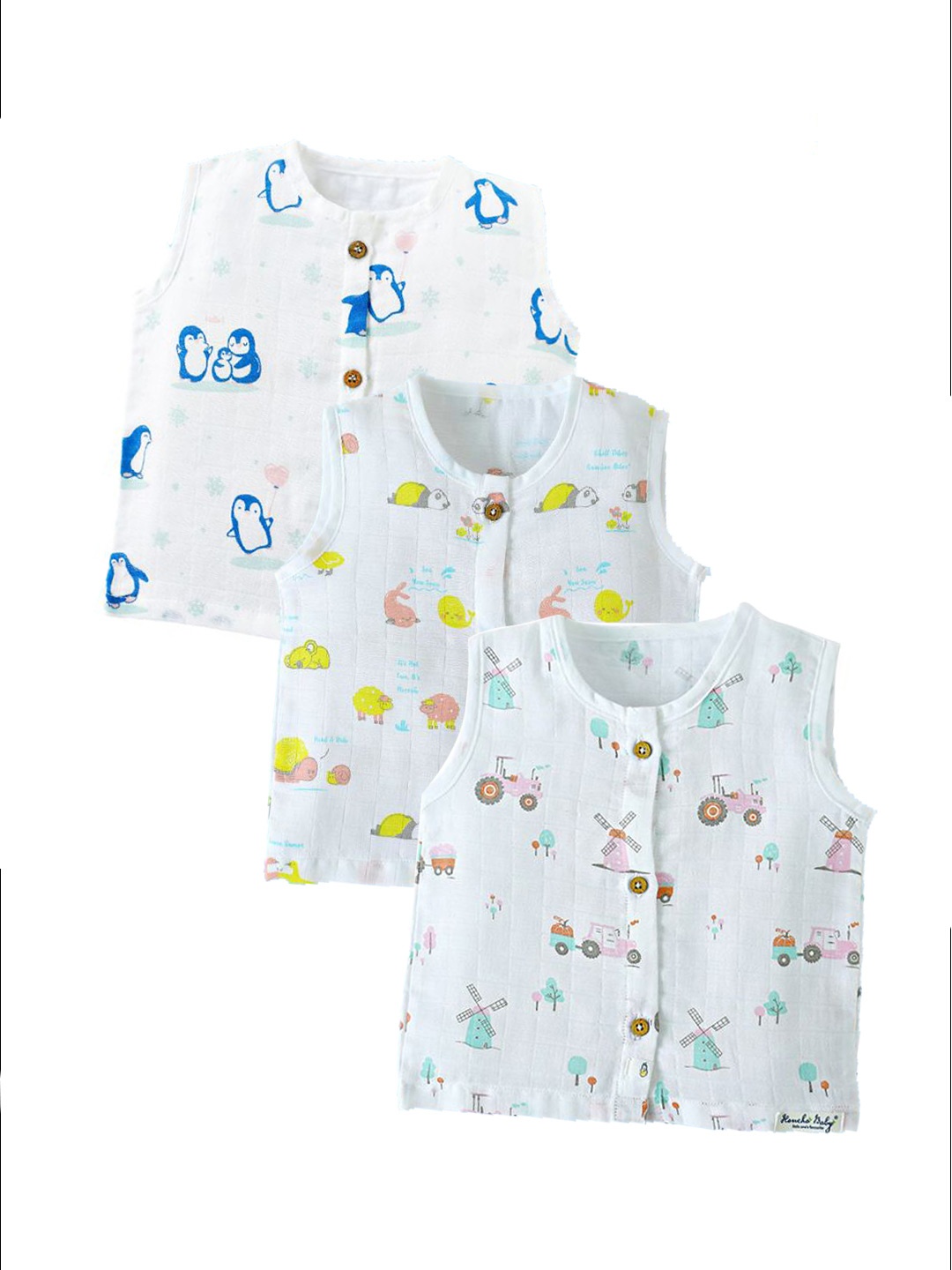 

Honcho Baby Kids Pack of 3 Conversational Printed Cotton Tops, White