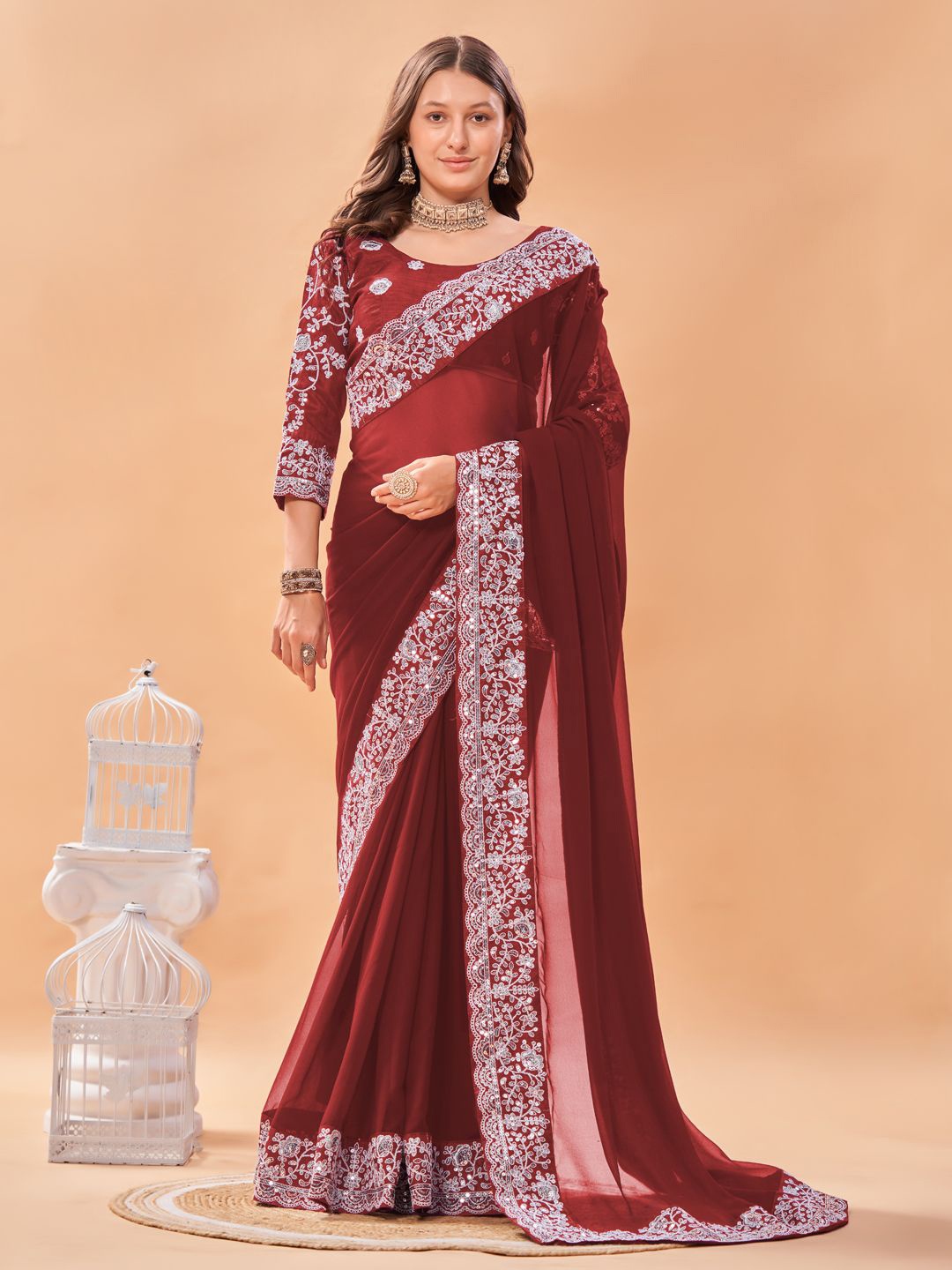 

GOROLY Embroidered Poly Georgette Saree, Maroon