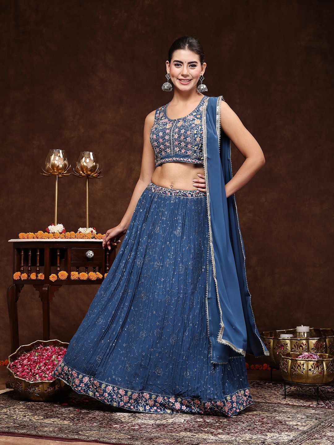 

Stylum Embellished Beads and Stones Ready to Wear Lehenga & Blouse With Dupatta, Blue