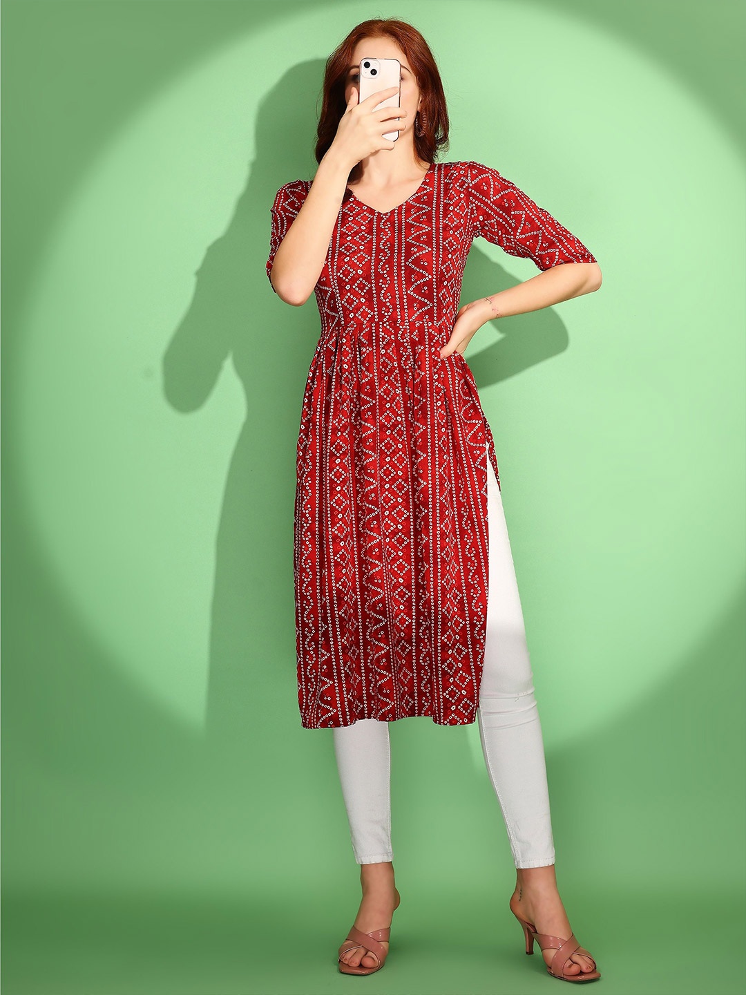 

KALINI Women Bandhani Printed A-line Kurta, Red