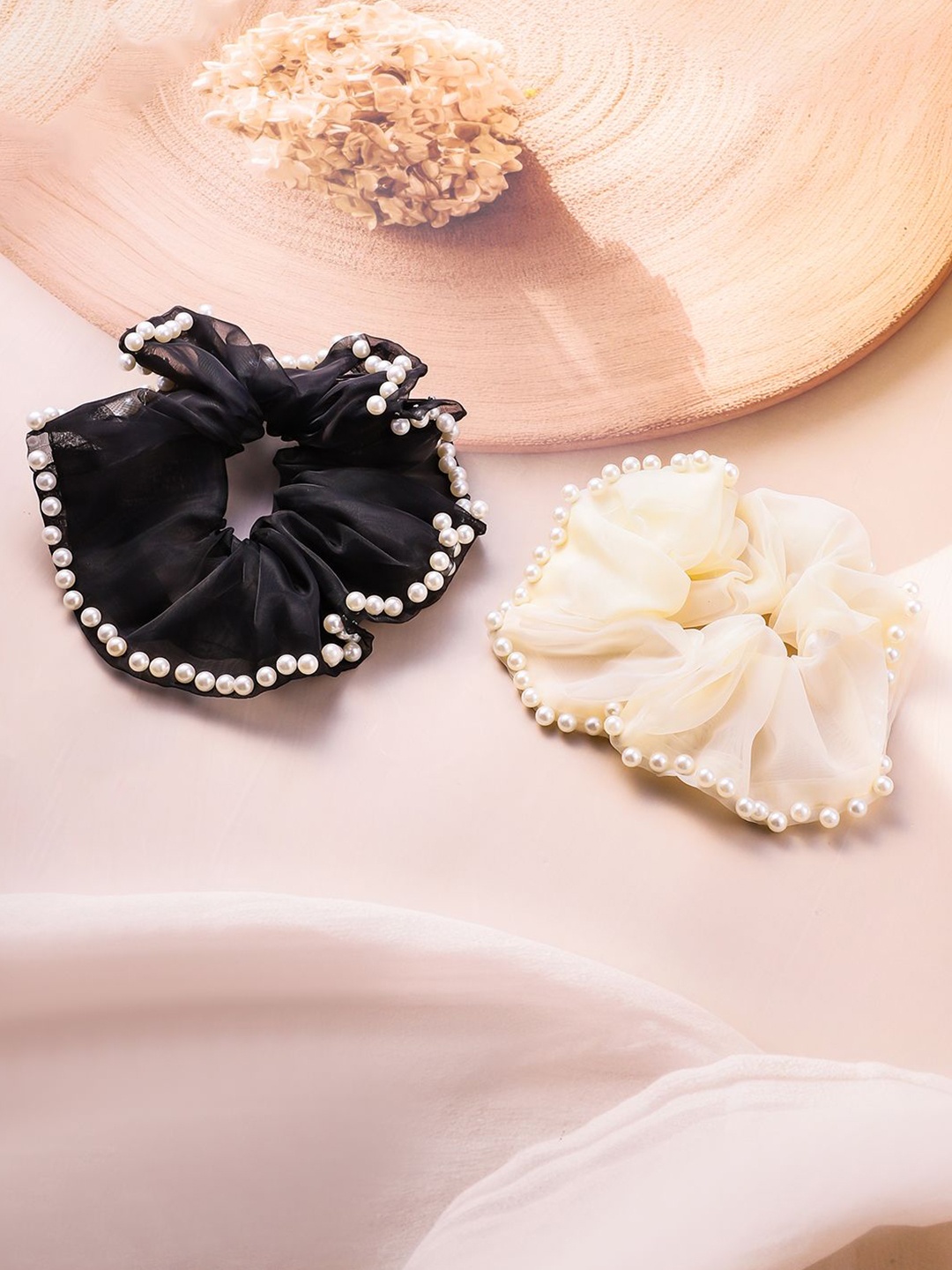 

Rubans Set of 2 White & Black Organza Scrunchies with Pearl and Bead Embellishments
