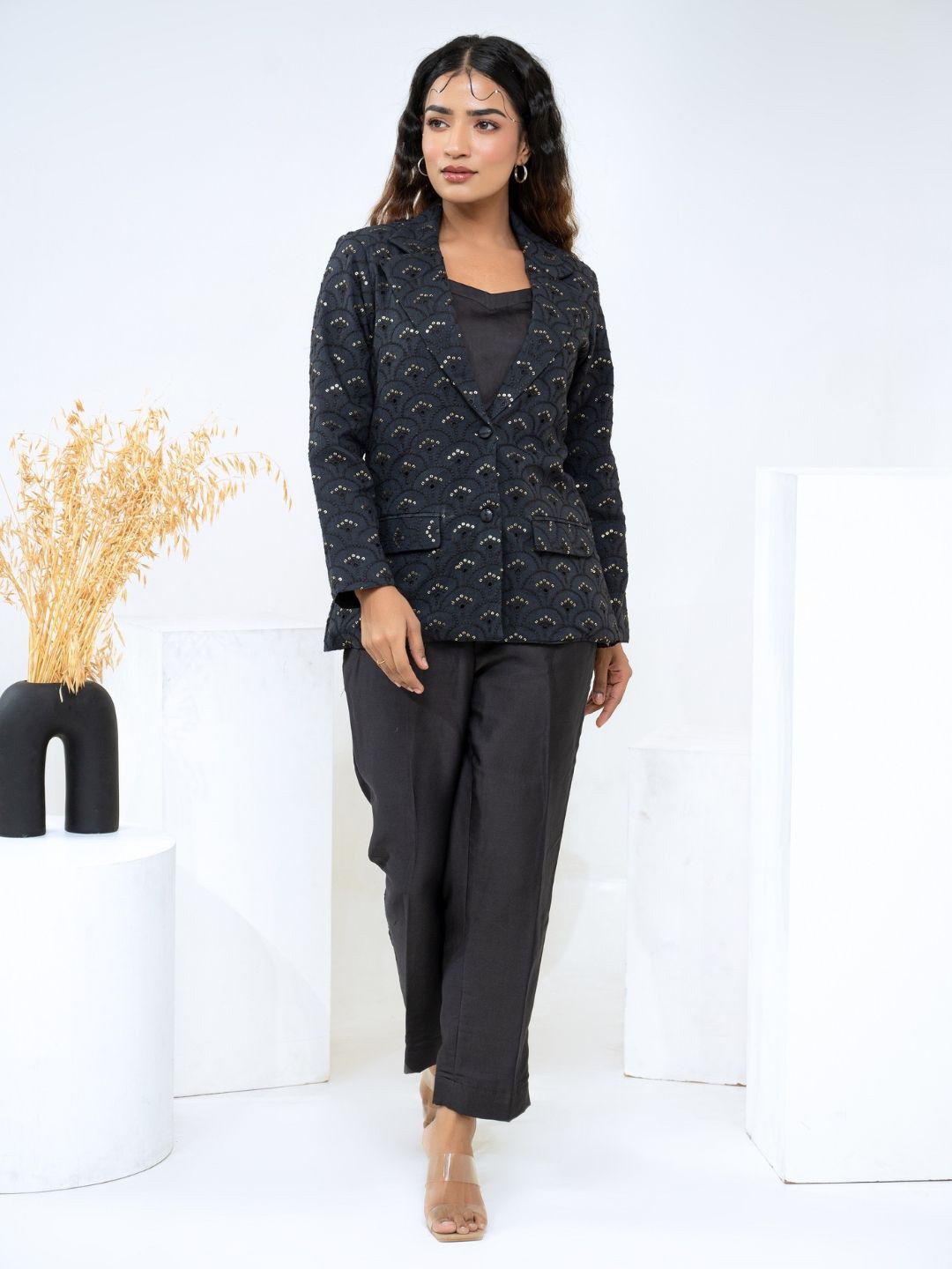 

SAADGEE V-Neck Sleeveless Regular Cotton Blend Top & Trousers With Embroidered Blazer, Black