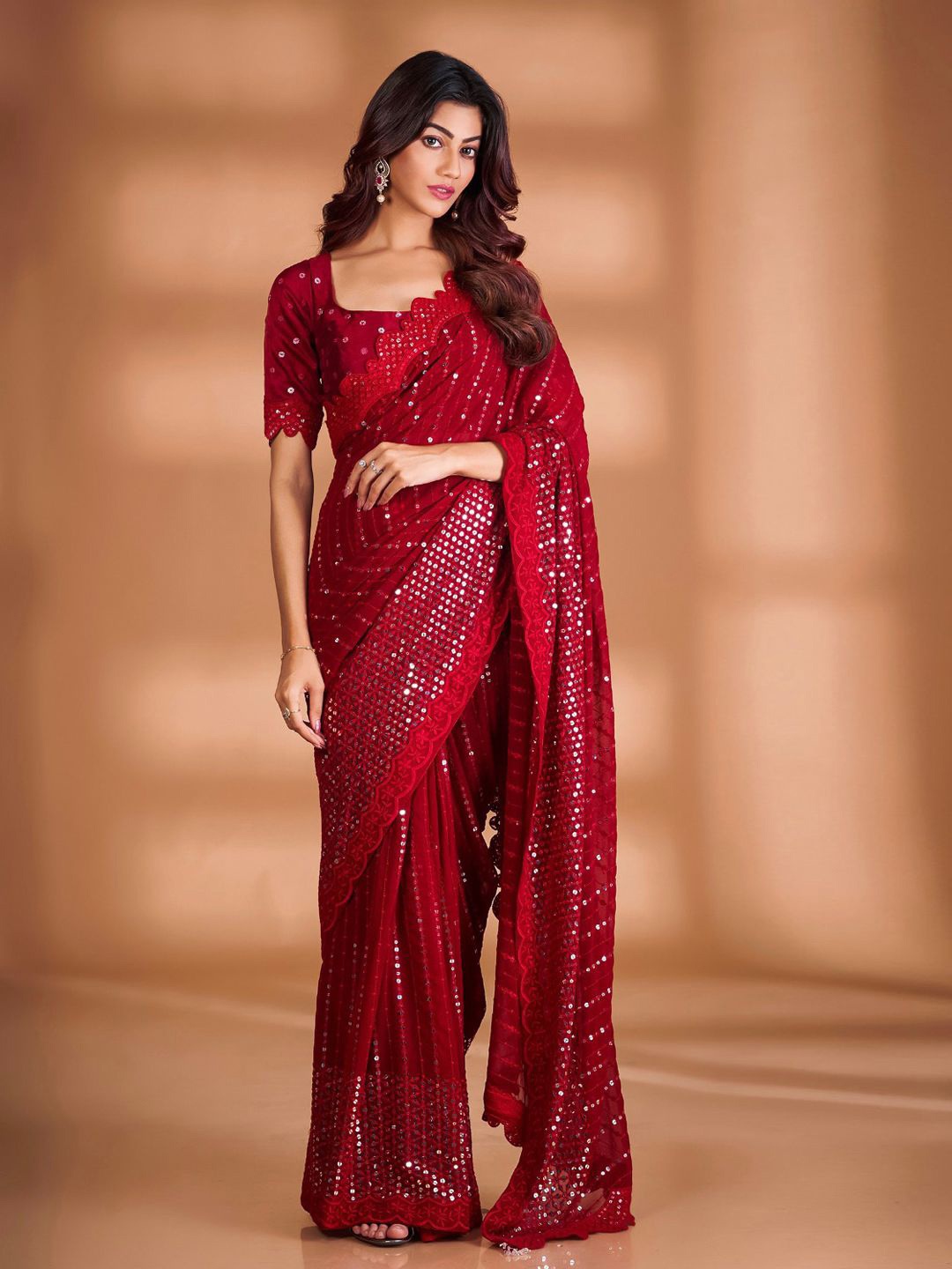 

Krimmple Sequinned Pure Georgette Fusion Saree, Red