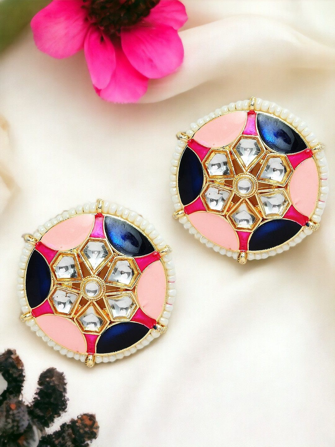 

OOMPH Artificial Stones and Beads Circular Studs, Pink