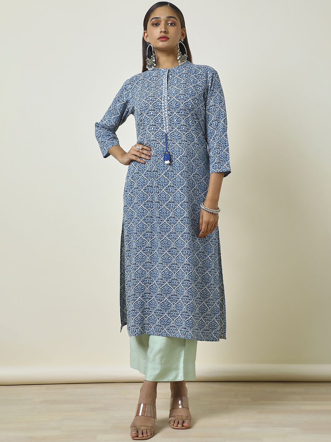 

Soch Ethnic Motifs Printed Mirror Work Straight Kurta, Blue