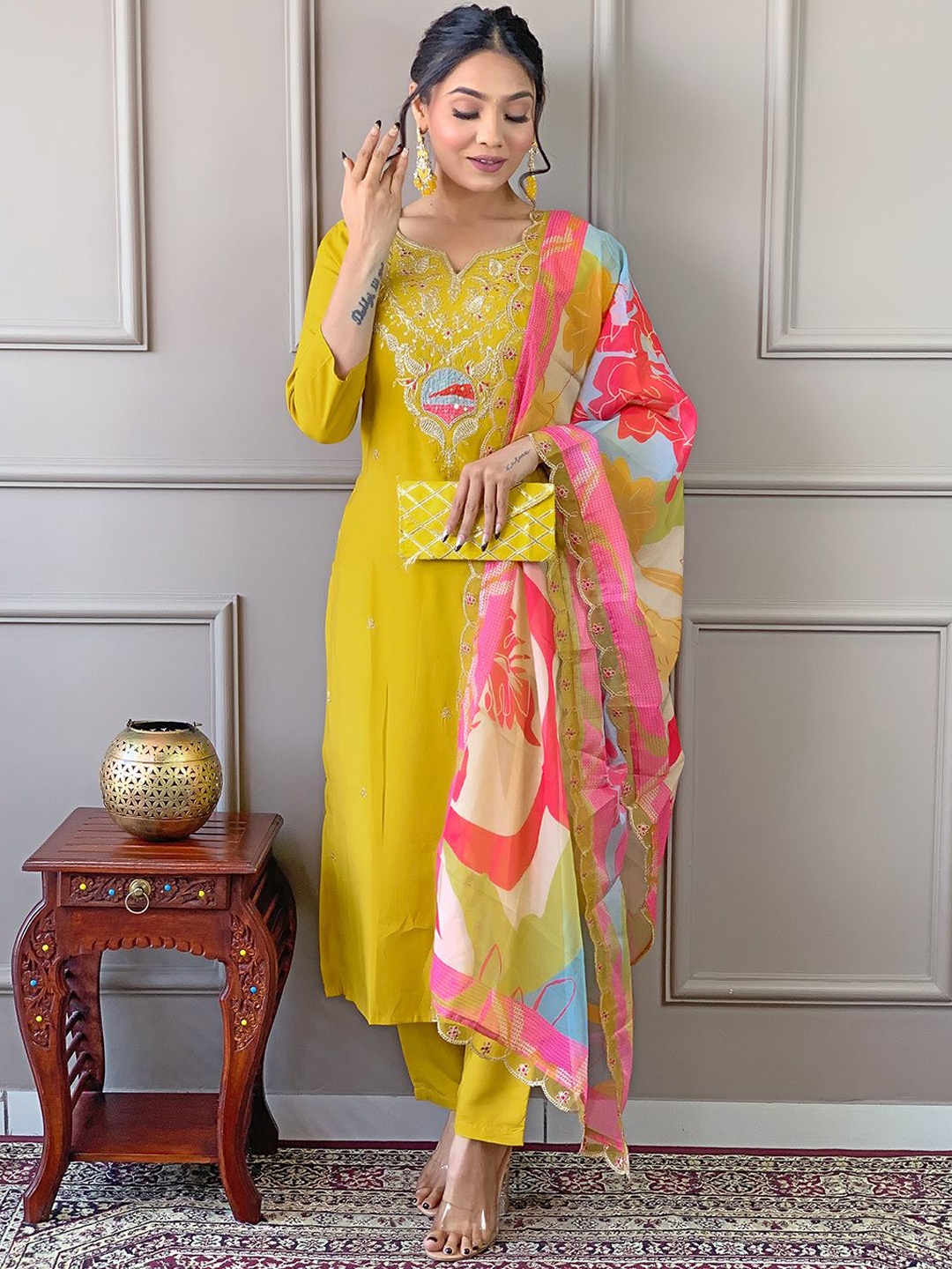 

Meena Bazaar Ethnic Motifs Yoke Design Thread Work Kurta with Trousers & Dupatta, Mustard