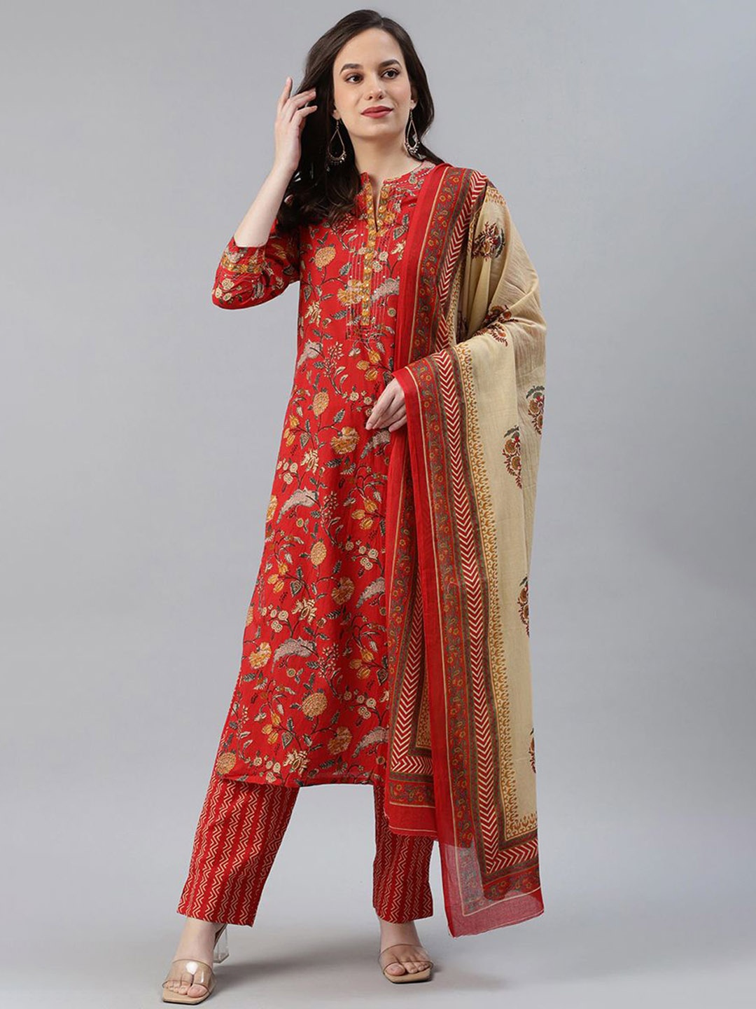 

AHIKA Floral Printed Regular Sequinned Pure Cotton Straight Kurta with Trousers & Dupatta, Red