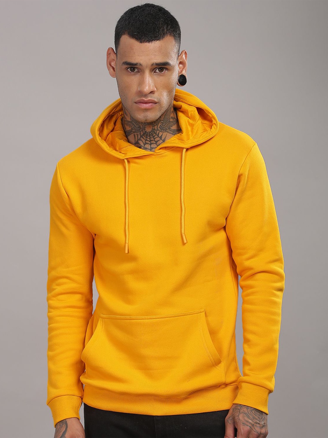 

ADRO Men Cotton Solid Hooded Pullover Sweatshirt, Mustard