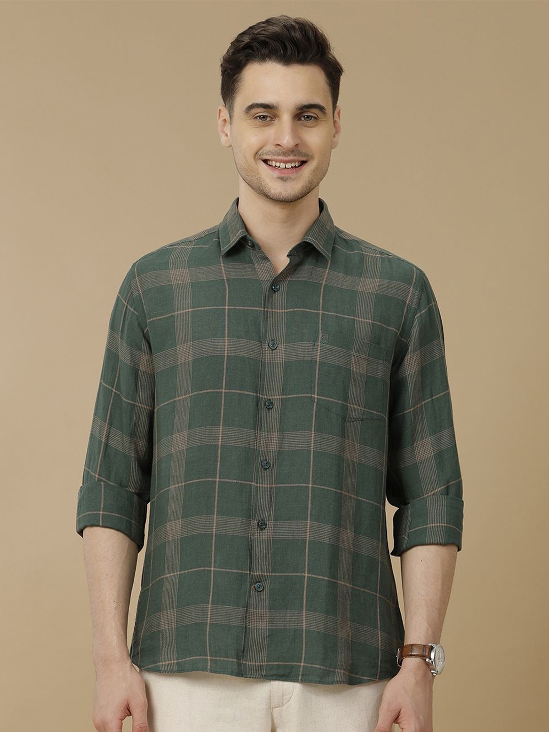 

Linen Club Men Contemporary Spread Collar Tartan Checked Linen Slim Fit Casual Shirt, Green