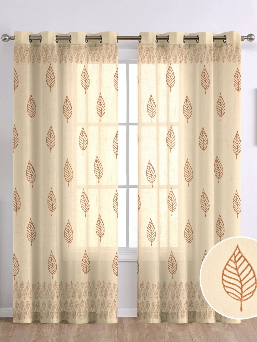 

THE LINEN COMPANY Beige & Brown 2 Pieces Floral Printed Cotton Sheer Long Door Curtain