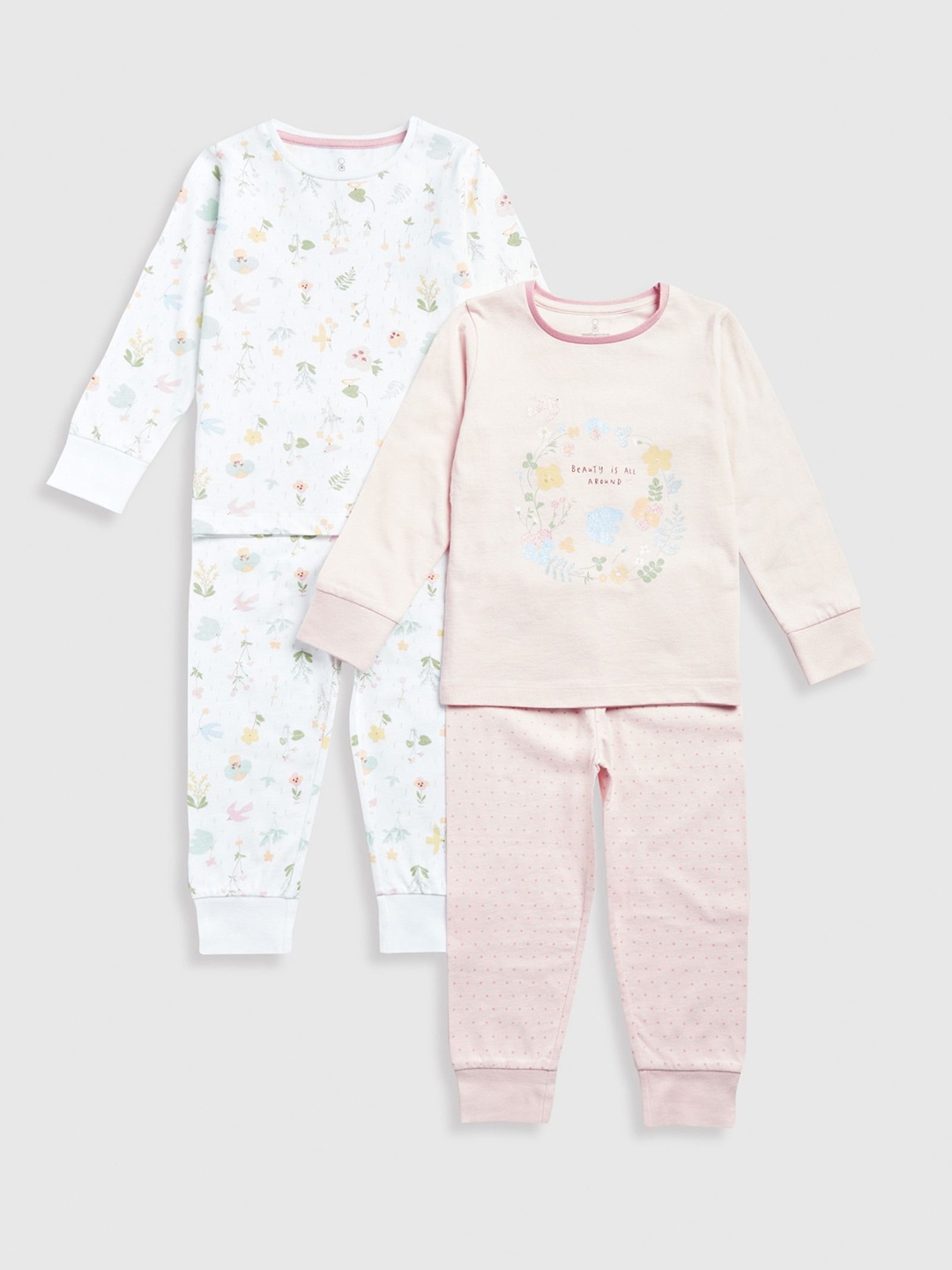 

mothercare Girls Pack of 2 Floral Printed Pure Cotton T-shirt with Pyjamas, Pink