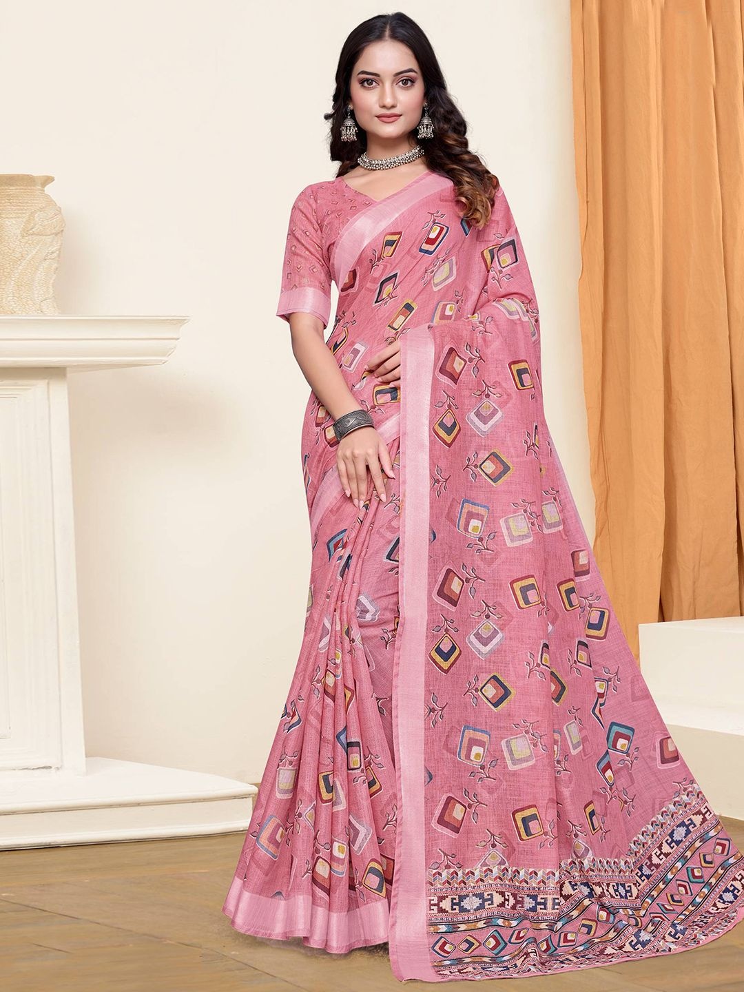 

Mitera Geometric Printed Zari Pure Linen Banarasi Saree, Pink