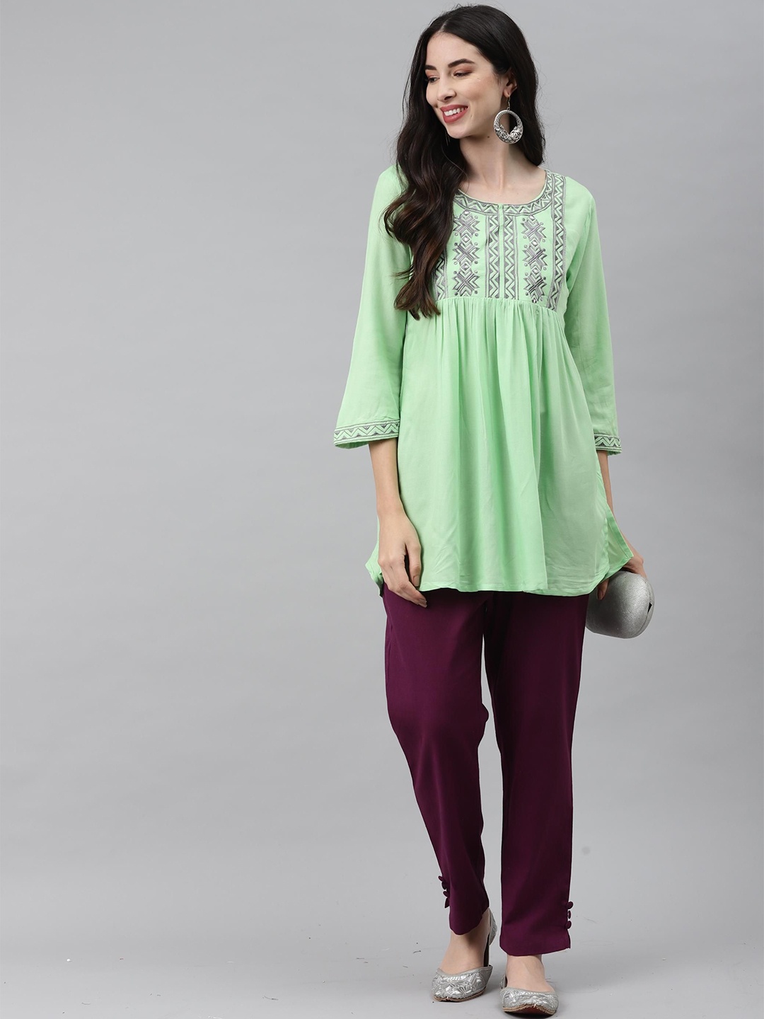 

KALINI Women Round Neck A-Line Top, Green