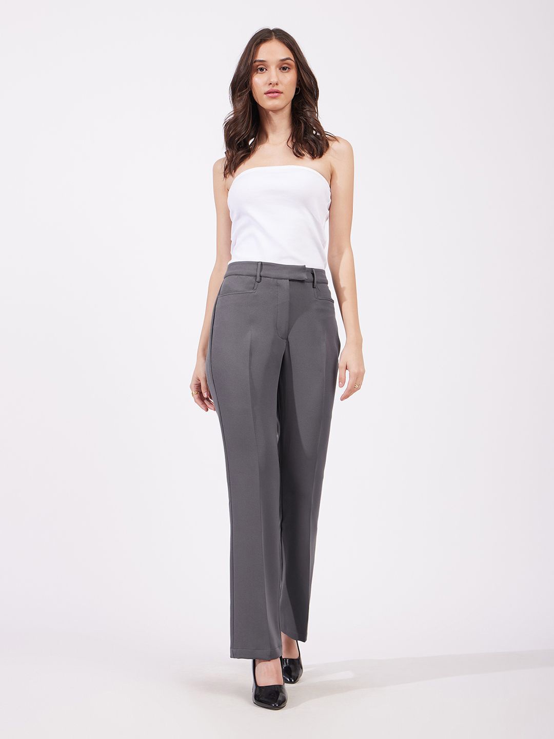

FableStreet Women High-Rise Formal Trousers, Grey