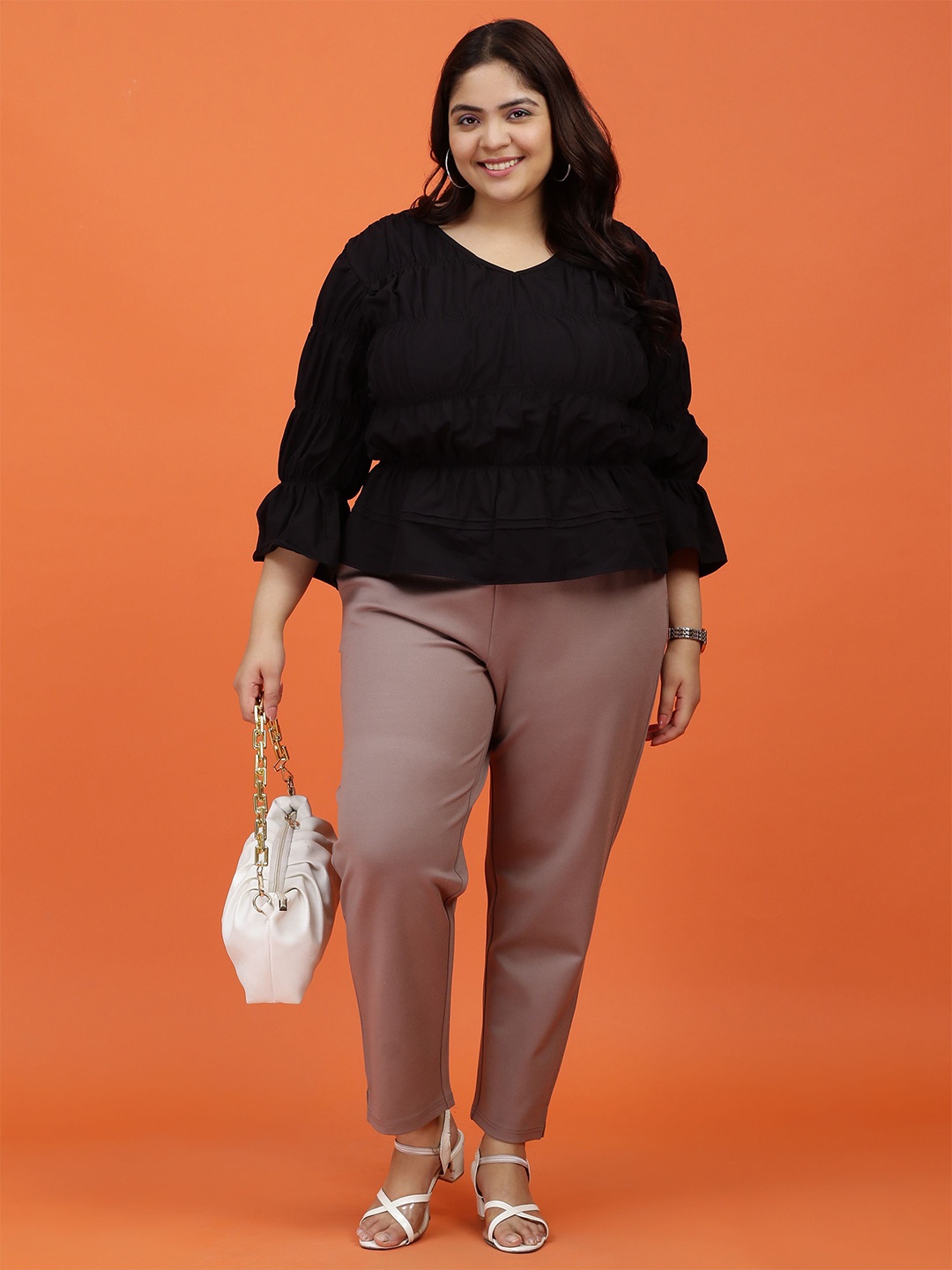 

Toodle Plus Women Plus Size V-Neck Bell Sleeve Cinched Waist Top, Black