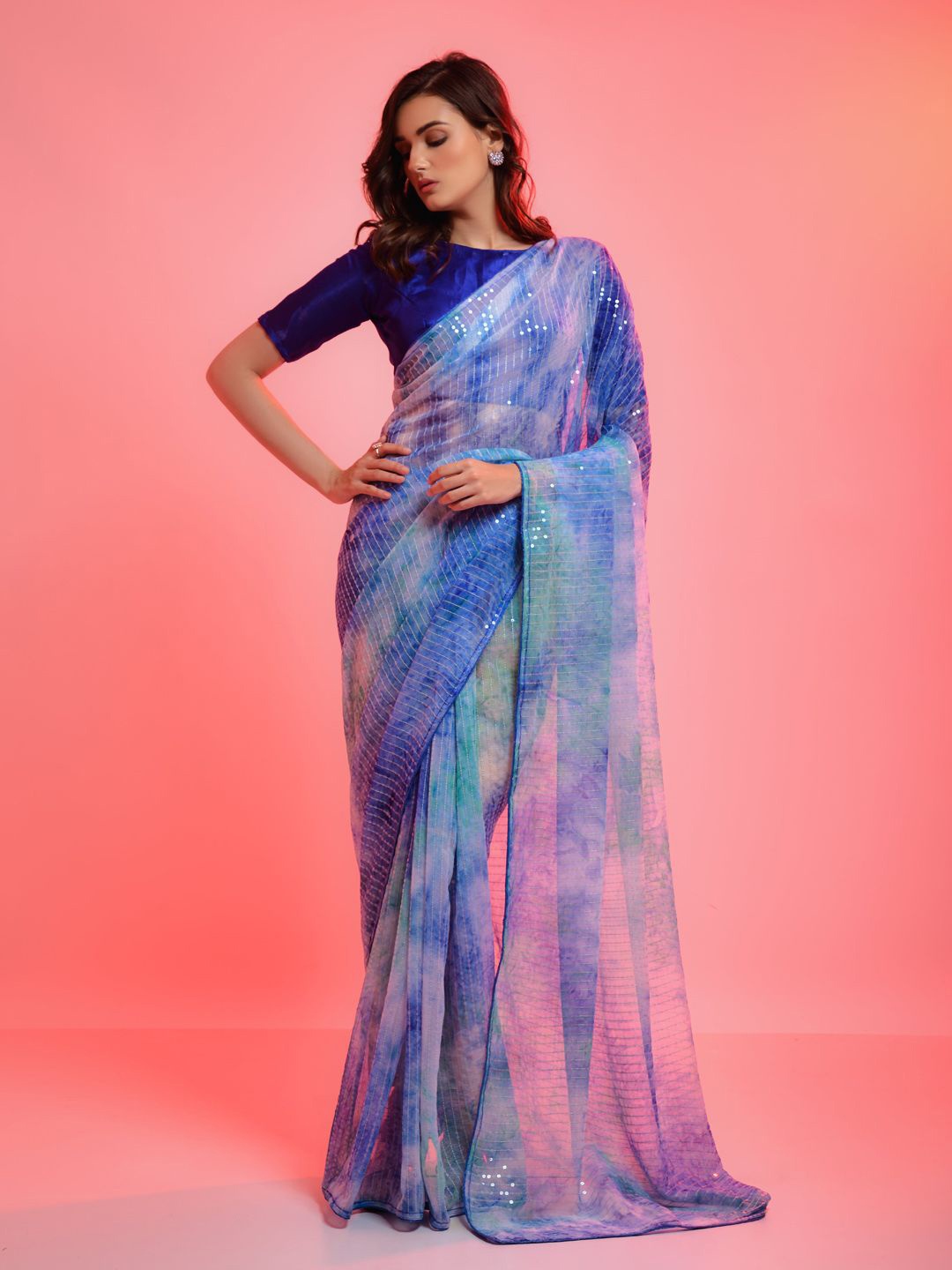 

Krimmple Embellished Sequinned Pure Georgette Saree, Blue