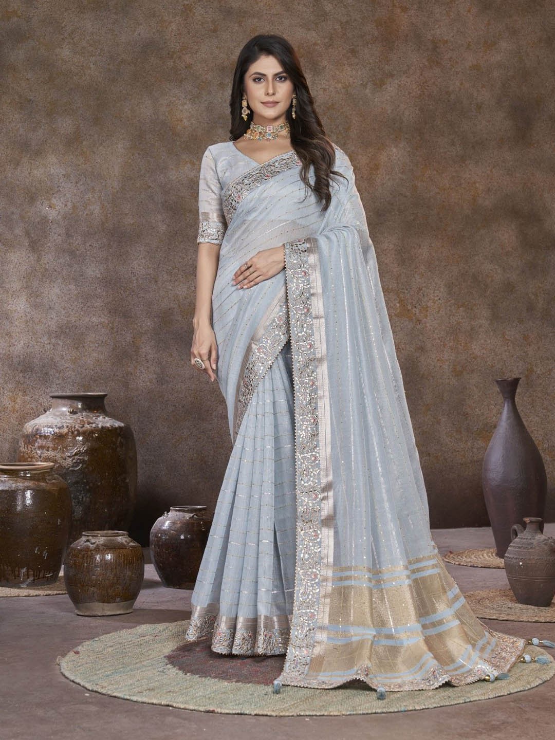 

Panzora Striped Embroidered Zari Saree, Blue